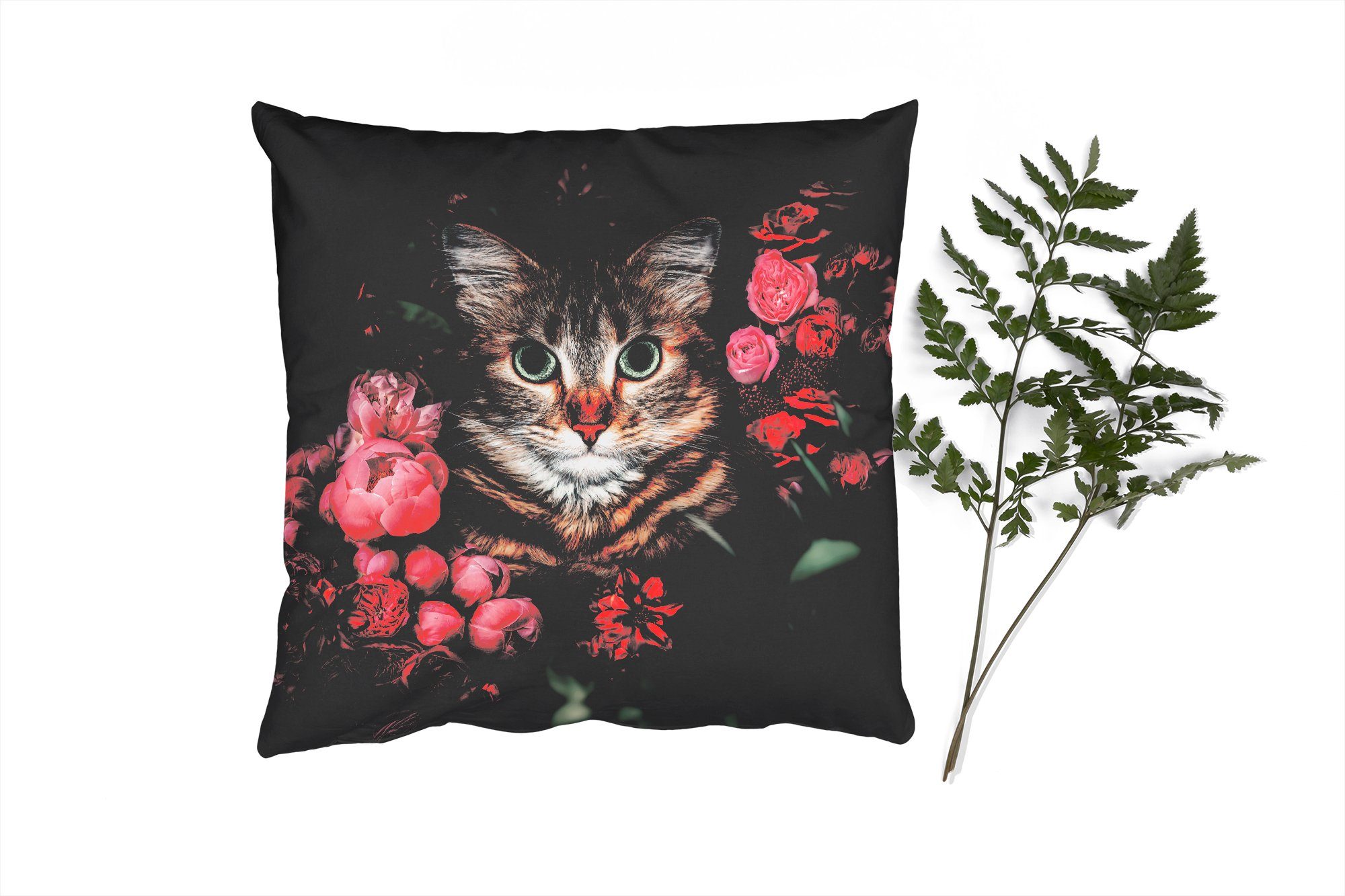 MuchoWow Dekokissen Katze Tiere Sofakissen - Füllung Botanisch, Schlafzimmer, Deko, für mit - - Zierkissen Blumen Wohzimmer