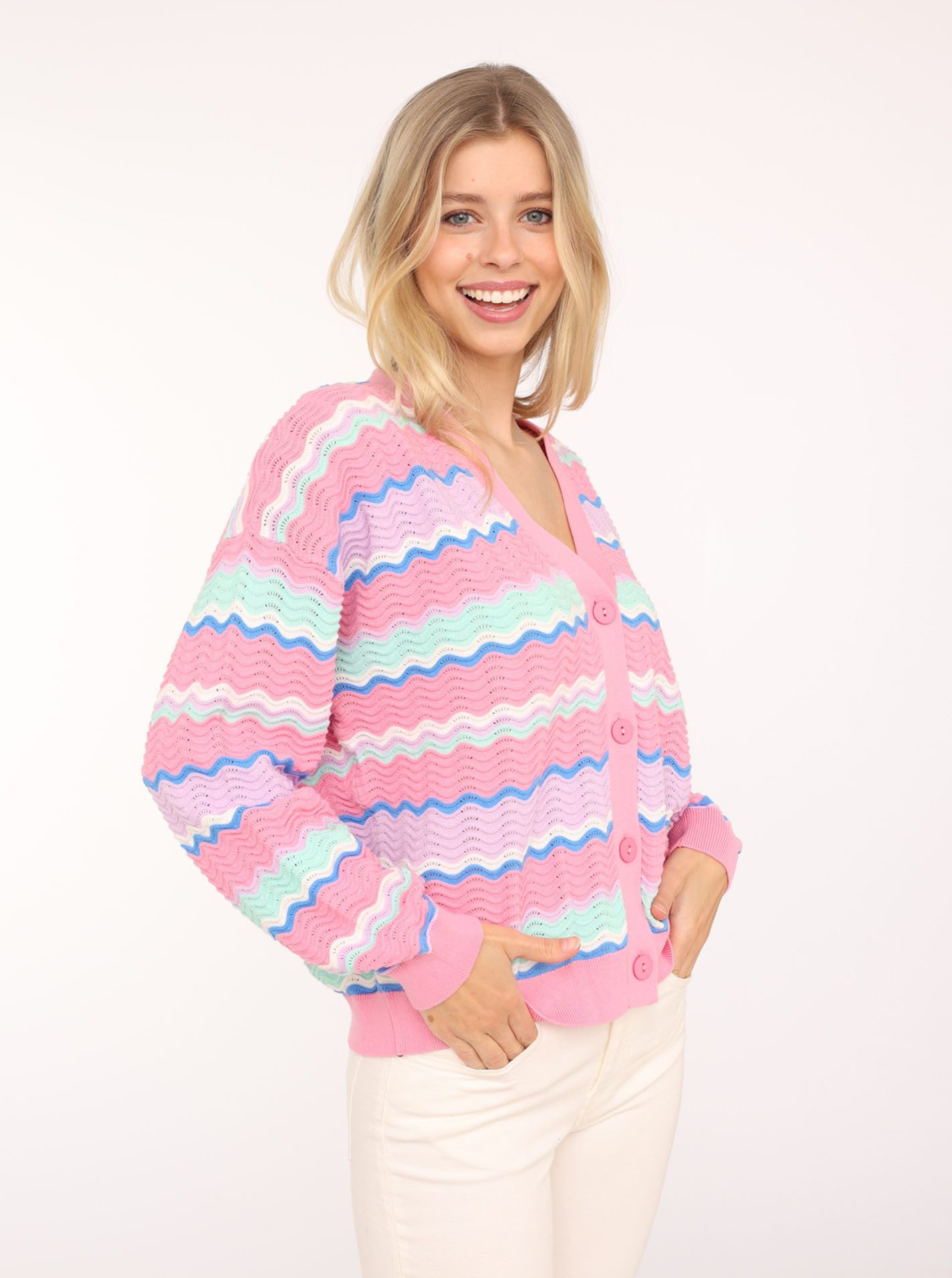 Zwillingsherz Strickjacke Wellen-Muster, Langarm, V-Ausschnitt, Baumwolle, günstig online kaufen