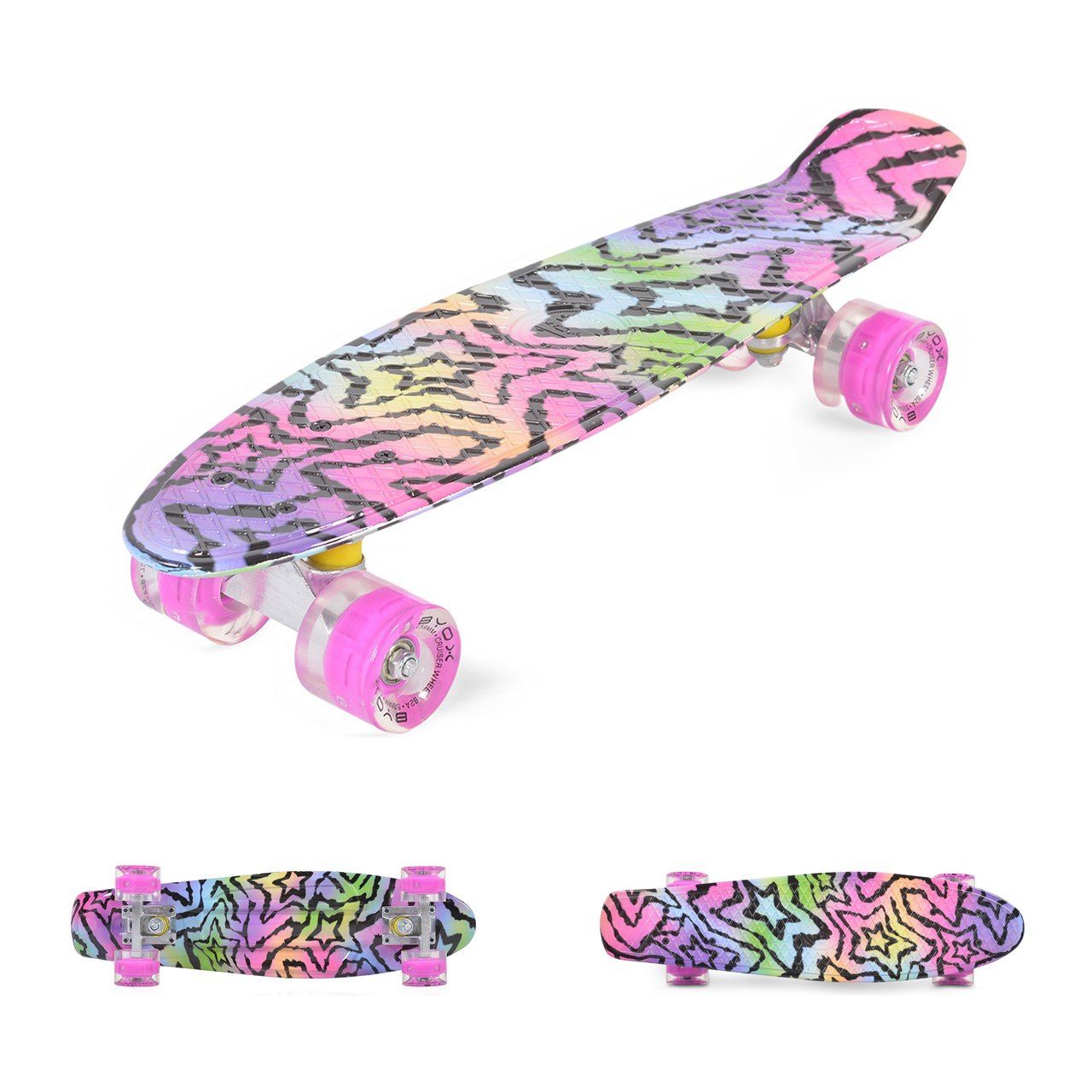 Byox Skateboard Kinder Skateboard Stars 22 Zoll, LED, 85A PU Rollen, ABEC 7, bis 85 kg