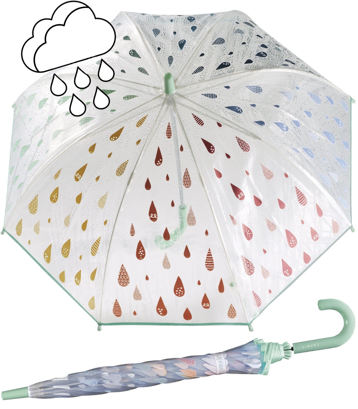 Esprit Stockregenschirm transparenter Glockenschirm für Kinder, die Tropfen färben sich bei Regen bunt