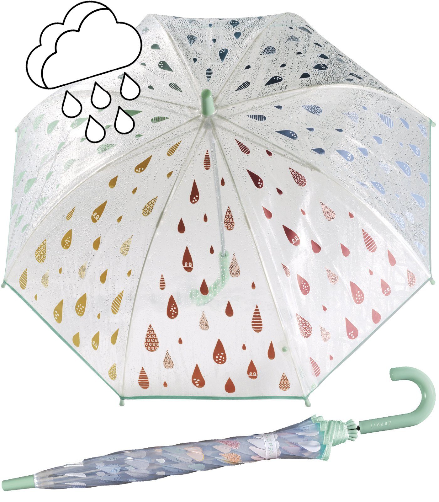 Esprit Stockregenschirm transparenter Glockenschirm für Kinder, die Tropfen  färben sich bei Regen bunt, Regenschirm für Mädchen der Marke Esprit, Typ  Kinder-Stockschirm mit