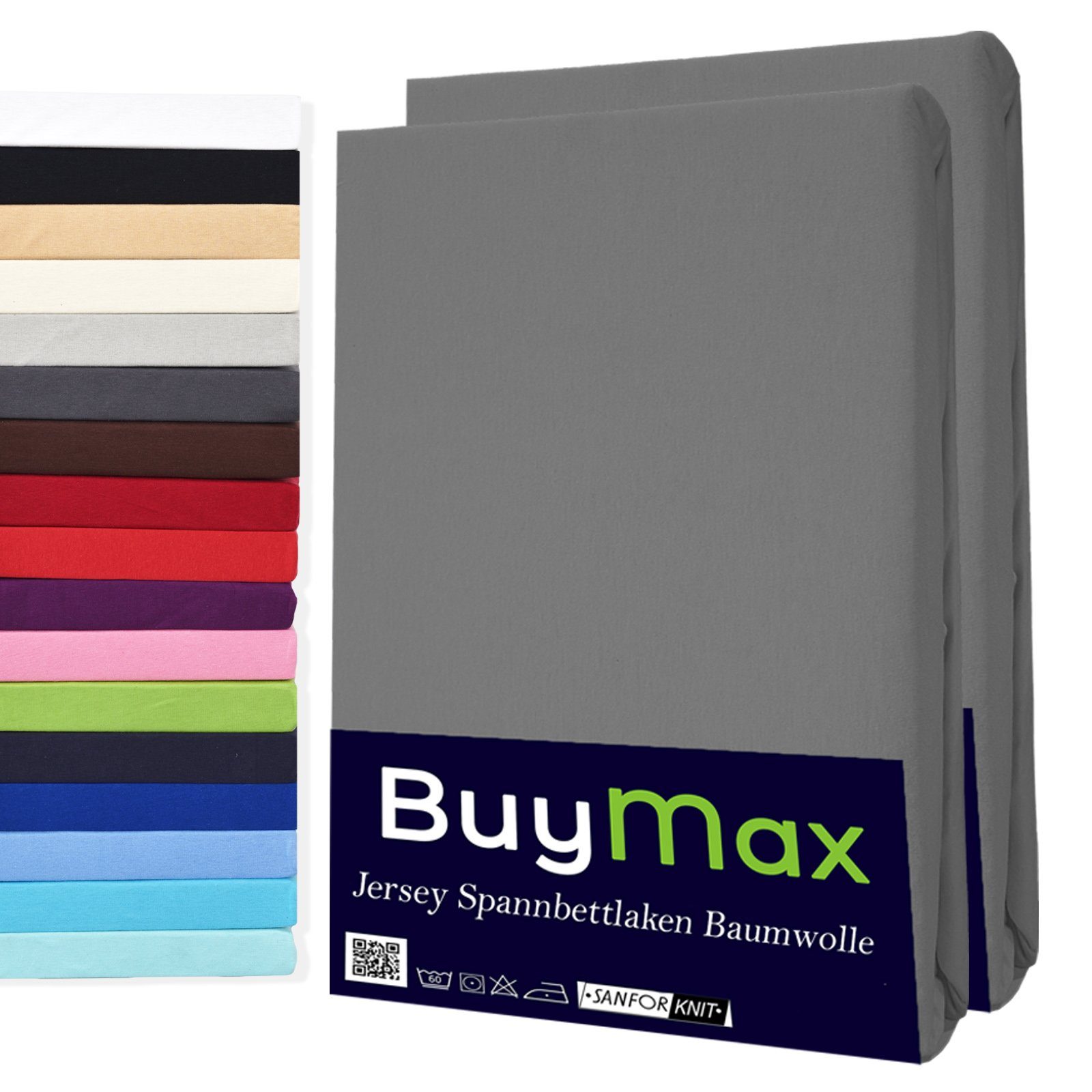 Buymax Spannbettlaken 2-er Set, Doppelpack, Bettlaken, Jersey 100% Baumwolle, Gummizug: rundum, (2 Stück), Pflegeleicht und Atmungsaktiv in Verschiedenen Farben und Größen