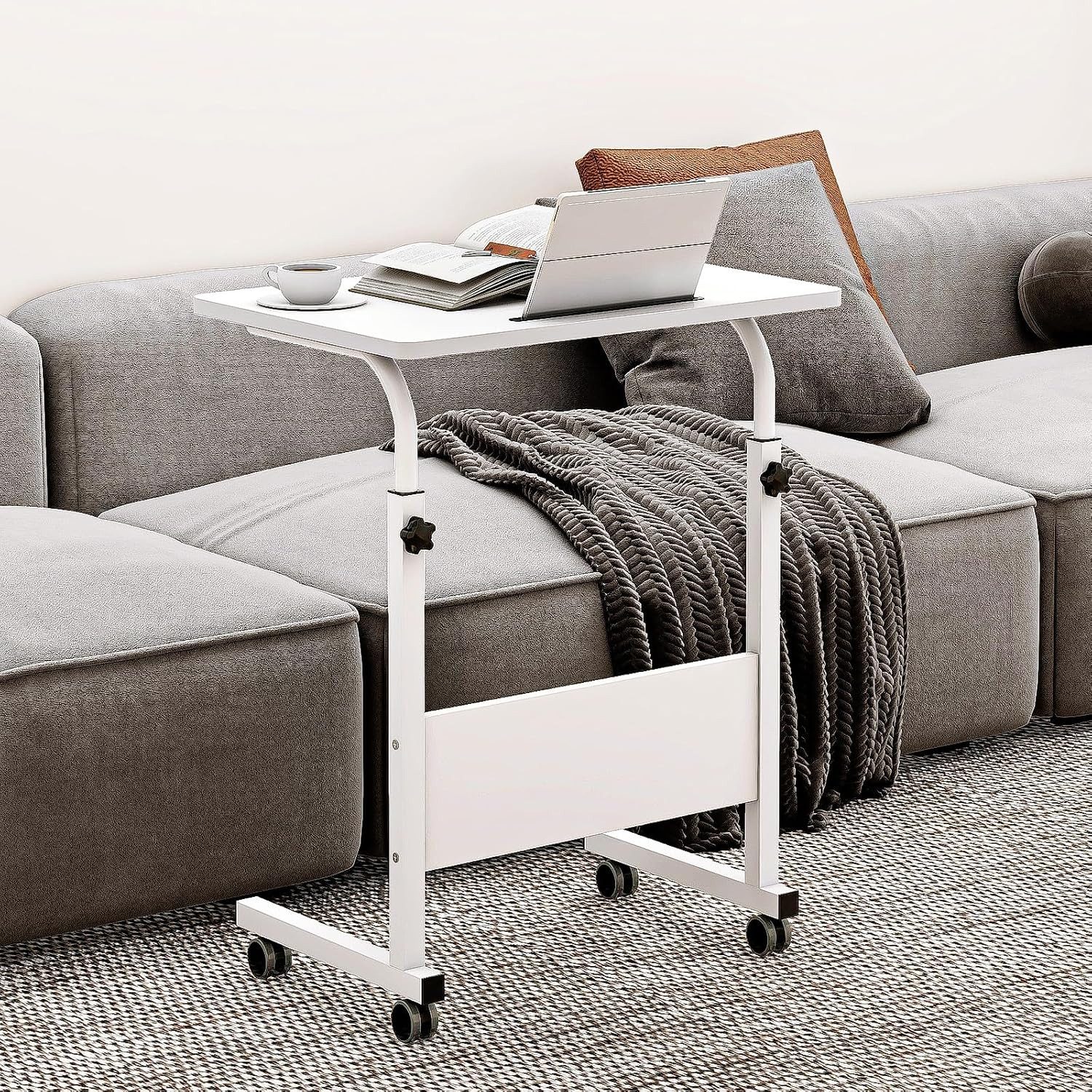 JEOBEST Computertisch Beistelltisch Höhenverstellbar 80x40x(69-89)cm Laptoptisch auf Rollen, Mobiler Beistelltisch Pflegetisch für Bett und Sofa