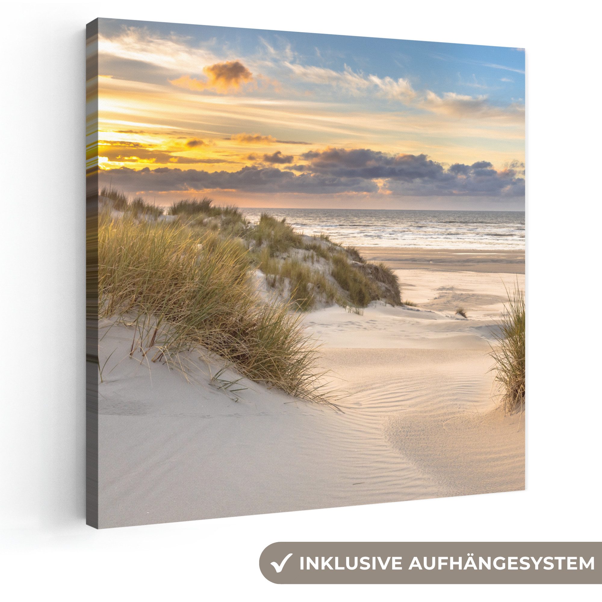 OneMillionCanvasses® Leinwandbild Strand - Düne - Gras - Sonnenuntergang - Meer, Fotodruck (1 St), Wandbild, Deko Schlafzimmer Wohnzimmer Flur 20x20 cm