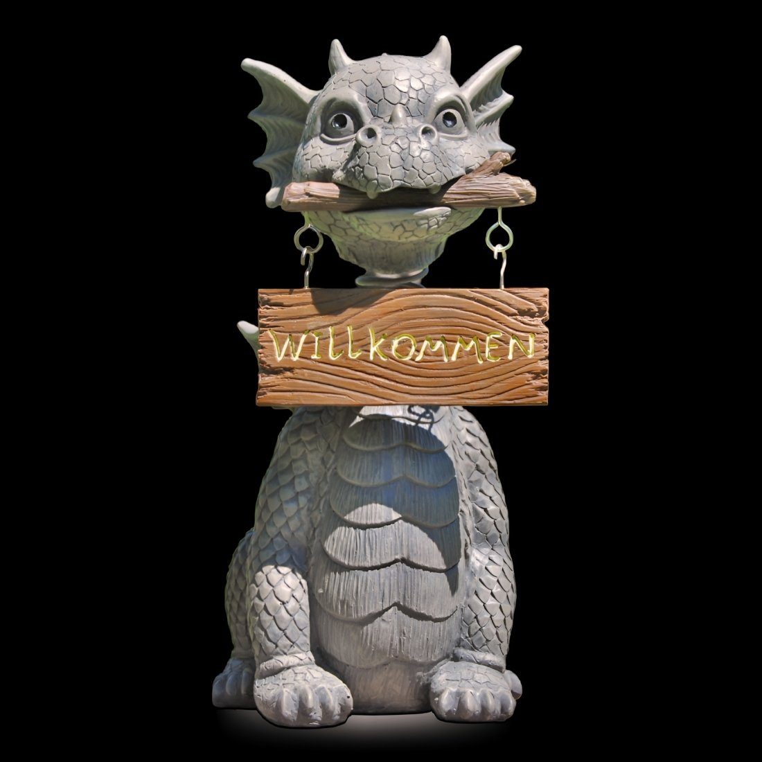MystiCalls Gartenfigur Gartendrache - Modell Willkommen - Dekofigur, (Einzelartikel, 1 St), Für Drinnen und Draußen, wetterfest, nicht frostfest