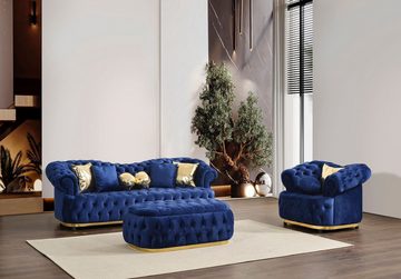 Casa Padrino Hocker Casa Padrino Luxus Chesterfield Samt Hocker Blau / Gold 110 cm