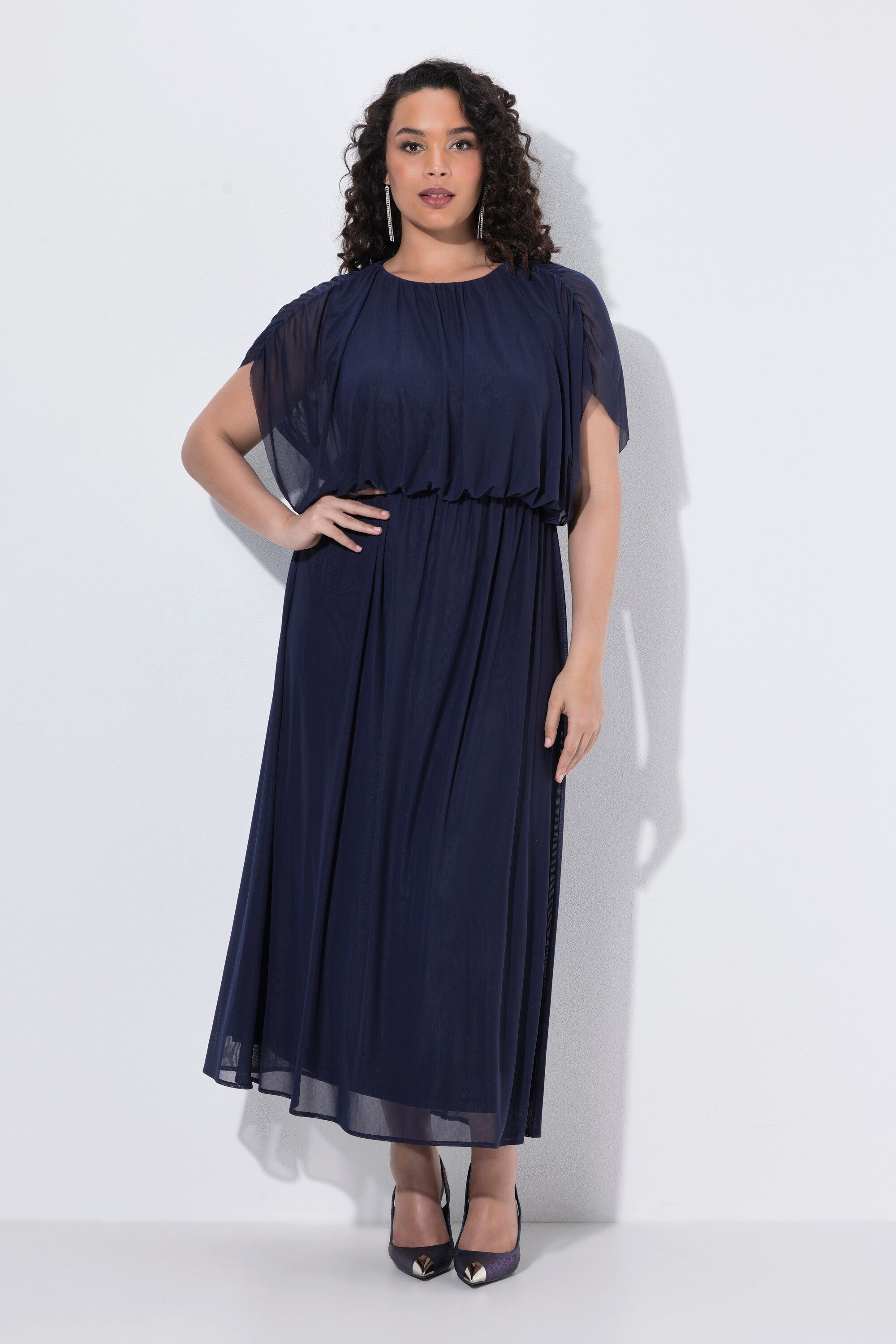 Ulla Popken Abendkleid Maxikleid Ballon-Oberteil Rundhals ärmellos