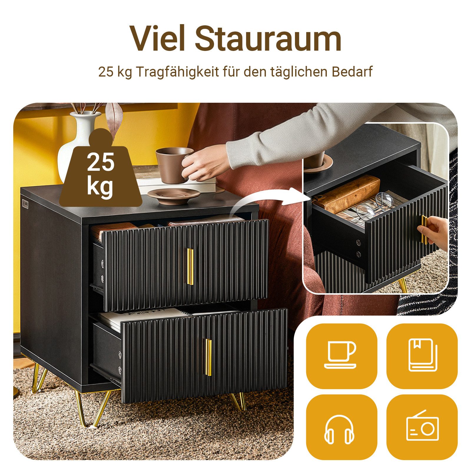 SoBuy Nachttisch FBT115, Sofatisch Couchtisch, Nachttisch 2er set, 2er Set, Nachtschrank mit 2 Schubladen, Beistelltisch, Nachtkommode