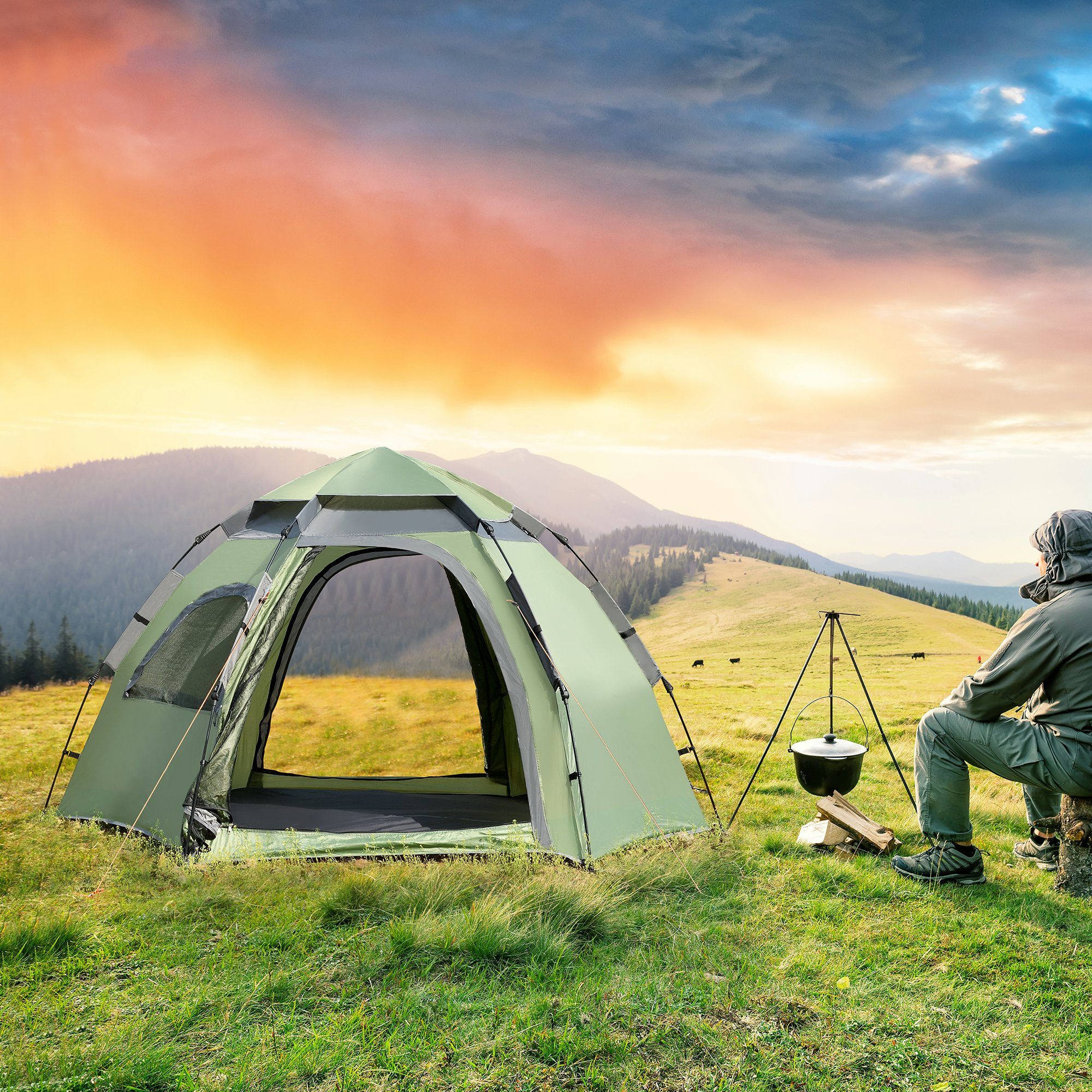 pro.tec Kuppelzelt, Personen: 3, »Nybro« Campingzelt für 2-3 Personen Pop Up Kuppelzelt Grün Dunkelgrün