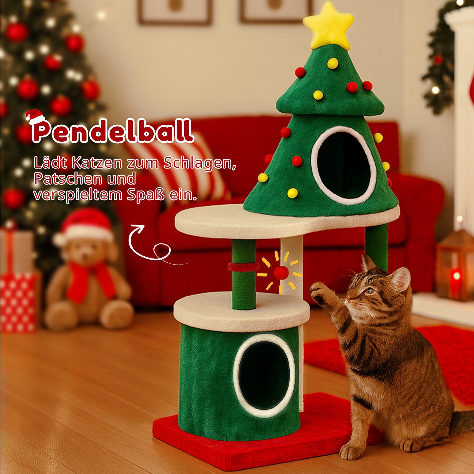 COMHOMA Kratzbaum im Weihnachtsbaum-Design 123cm, stabiler Katzenbaum Katzenturm, mit Kratzsäulen, mehrstöckiges Katzenhaus mit Plattformen & Spielball
