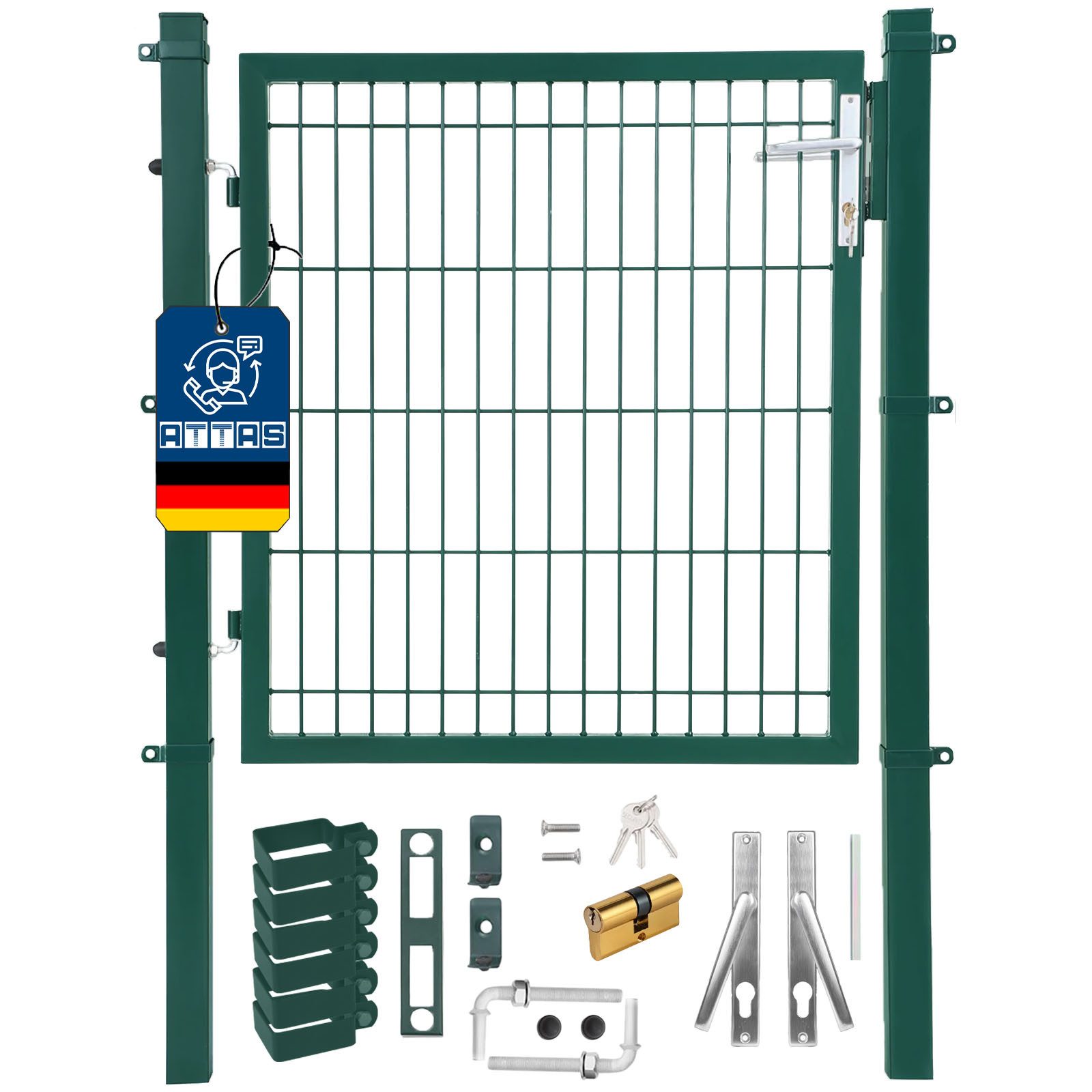 ATTAS Gartentor Metall Gartentür, (pulverbeschichtet, abschließbar mit Schloss & 3 Schlüsseln, Zauntor für Doppelstabmattenzaun, Hoftor, Zauntür), inkl. Schloss, Schlüssel, Befestigungsklammern, Drückergarnitur
