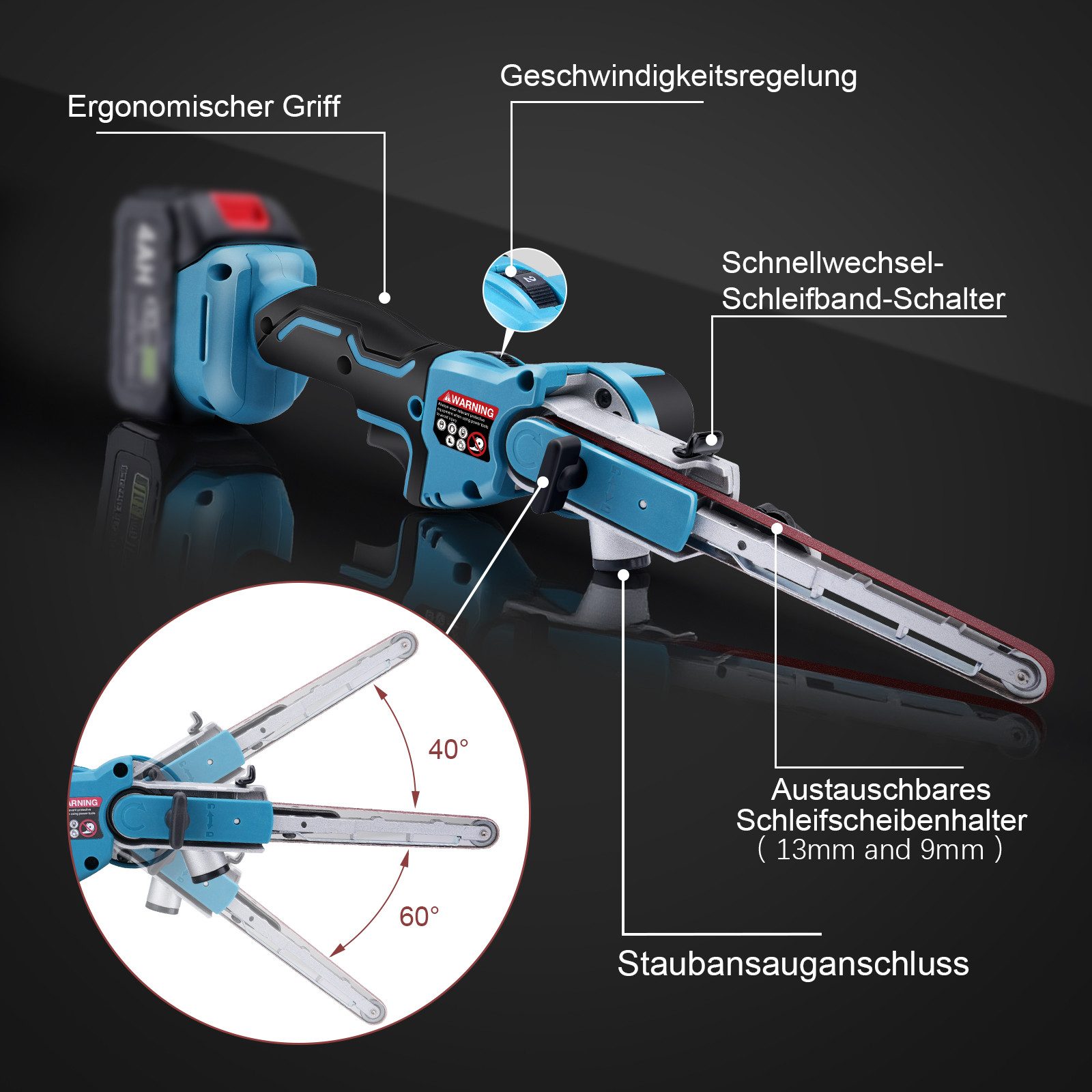 XERSEK Akku-Bandschleifer Akku Bandschleifer Bürstenloser Bandfeile mit Schleifarme 9mm &13 mm, 630 m/min, 100° Einstellbare, 6 Gang, Kompatibel mit Makita