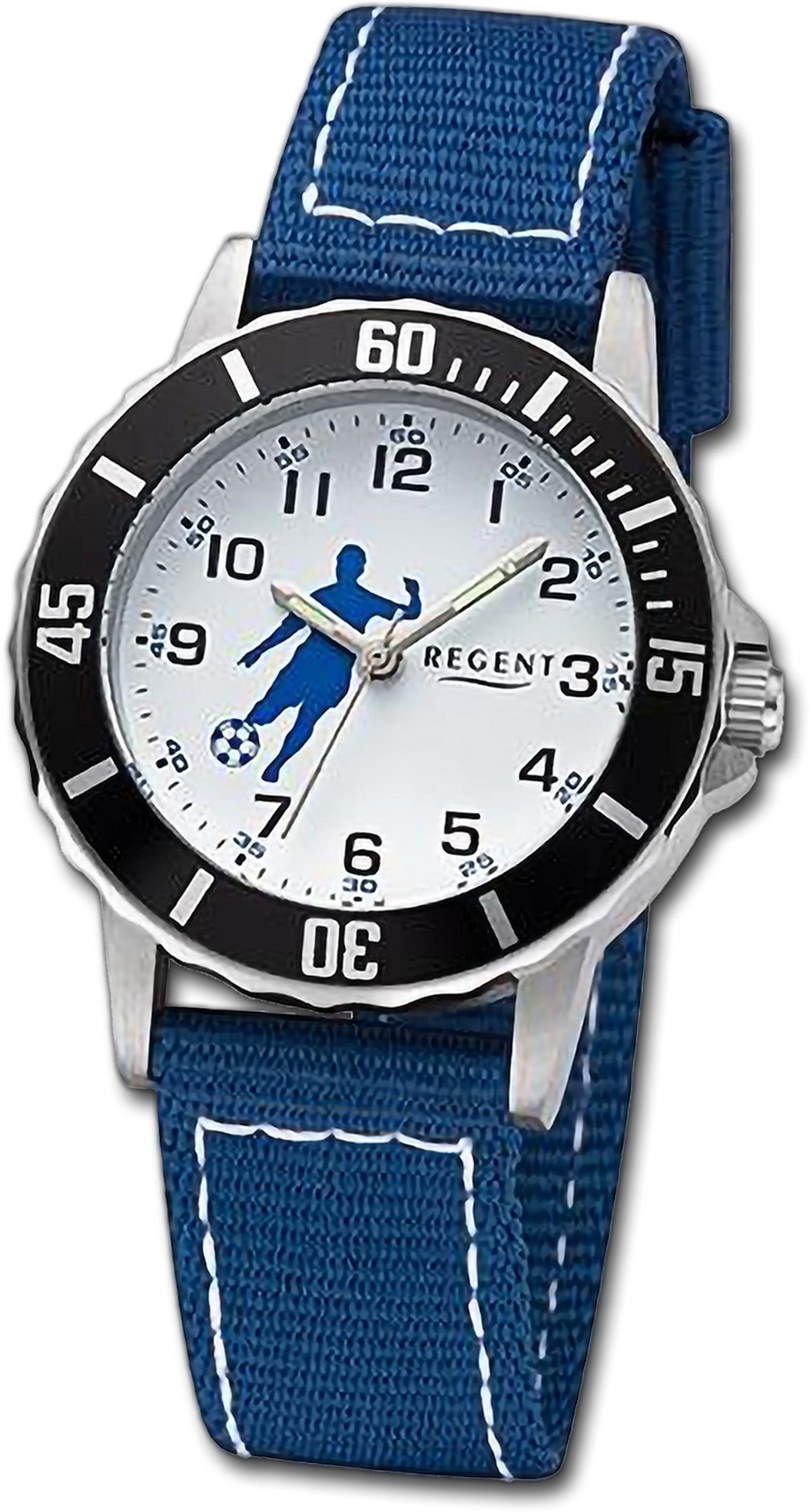Regent Quarzuhr Regent Damen Armbanduhr Analog, Damenuhr Textilarmband blau, weiß, rundes Gehäuse, groß (ca. 32mm)