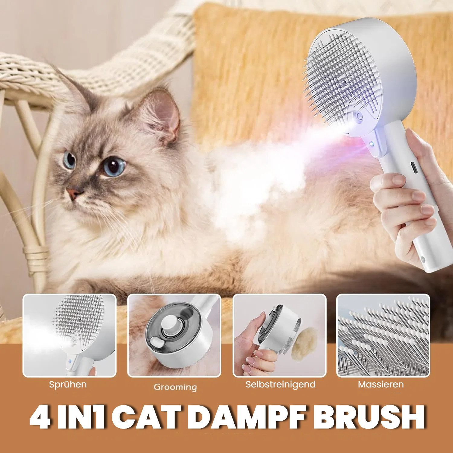 Thumbnail - BlingBin Fellbürste 4 in 1 Dampfbürste Katze Katzenbürste, Katzenbürste mit Dampf, Edelstahl, (2er Set, 2-tlg), Pflege U...
