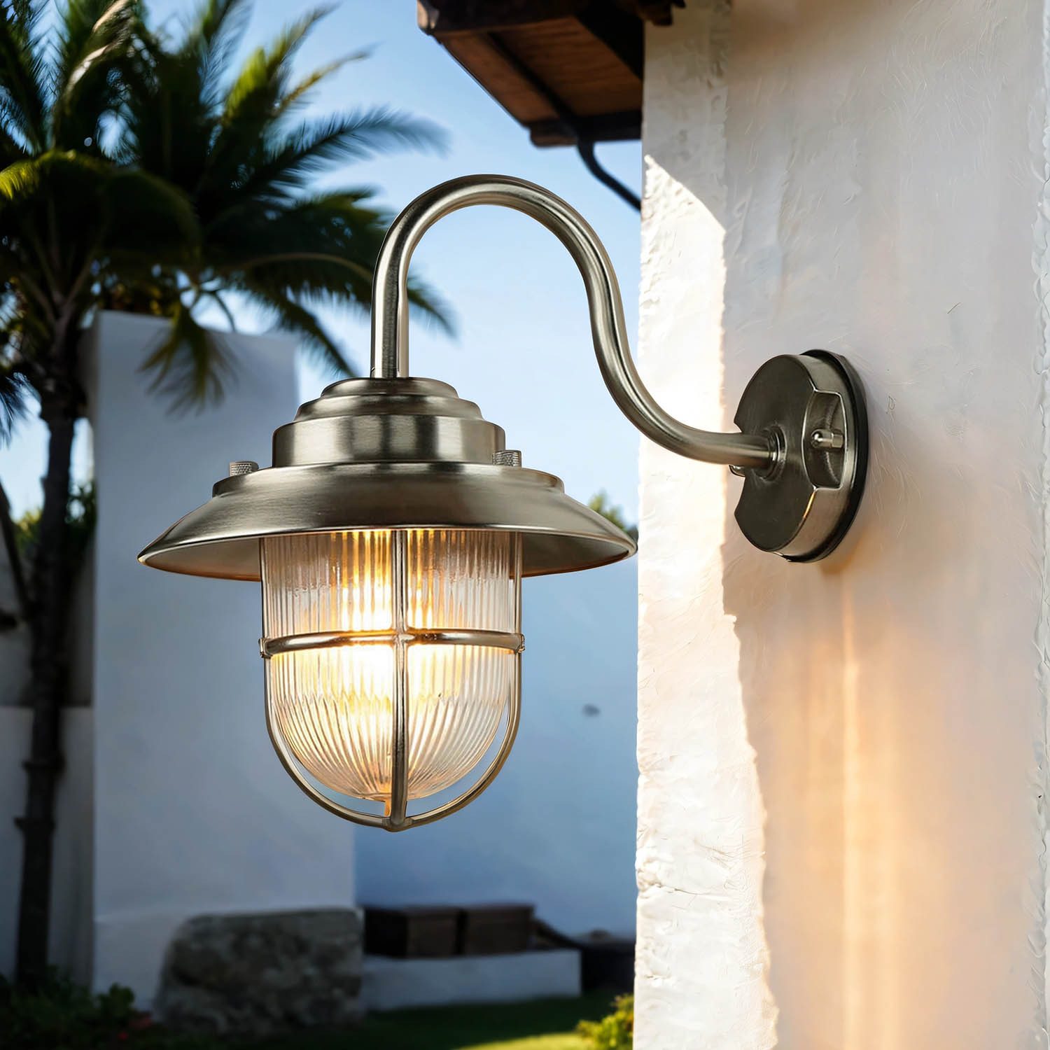 Licht-Erlebnisse Außen-Wandleuchte BOLOS, ohne Leuchtmittel, Außenlampe Echt-Messing Maritim IP64 Wandlaterne Garten