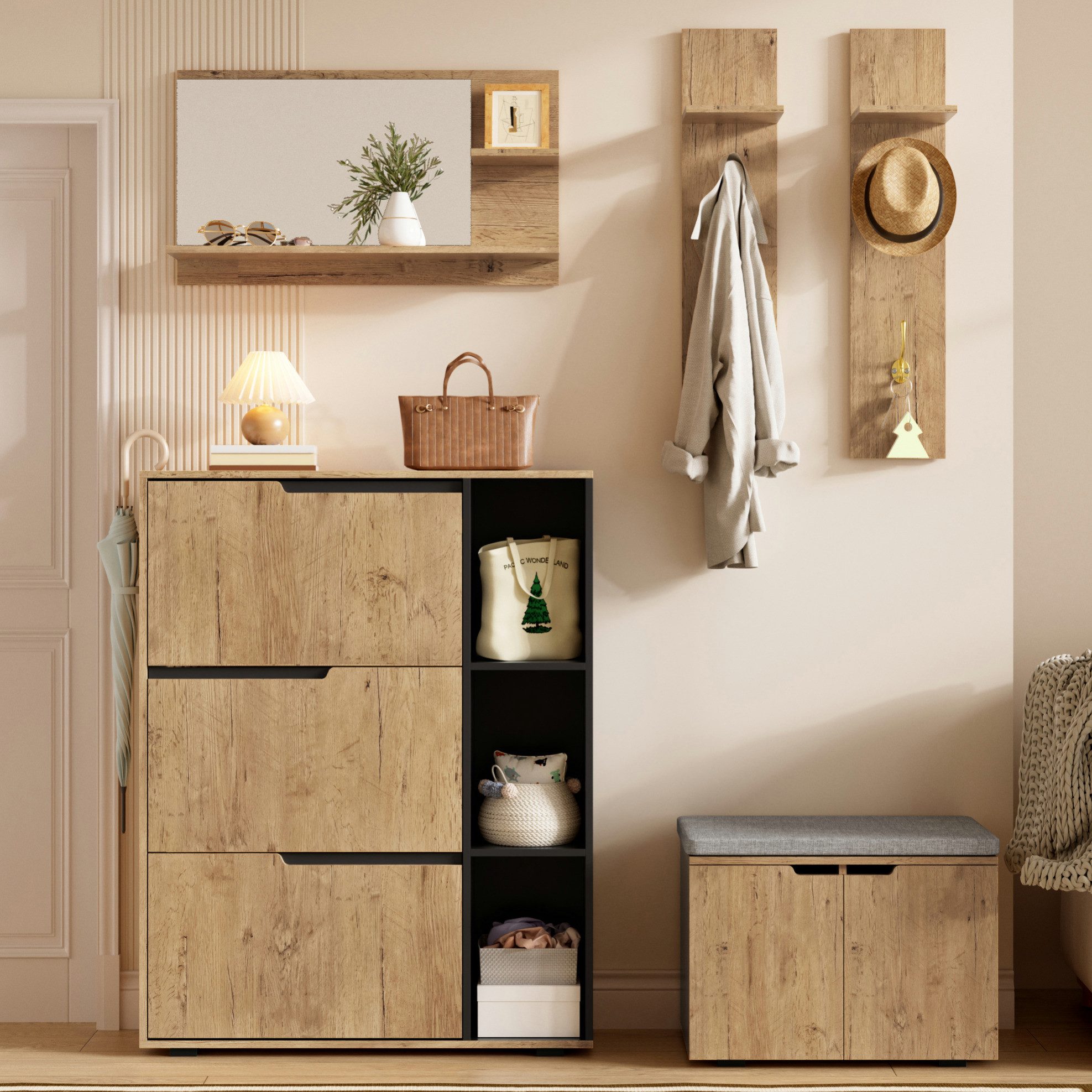 OKWISH Garderoben-Set Eingangs-Möbelset mit Spiegel, Sitzbank und Stauraum, (1-St., stabile Konstruktion, einfache Montage), Natur+Schwarz, 150x35x161,5 cm