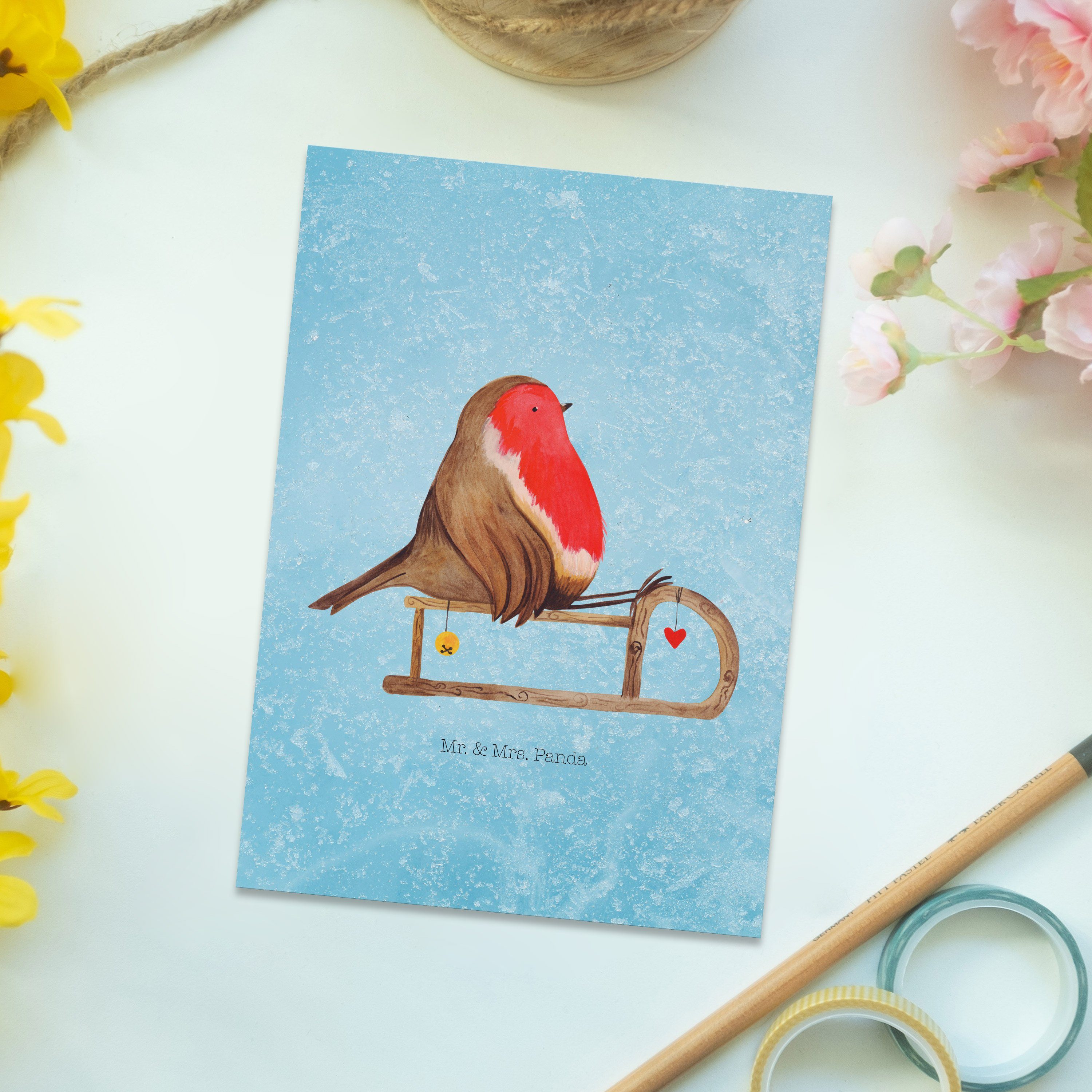 Mr. & Mrs. Panda Postkarte Eisblau Einladung, Geschenk, - Rotkehlchen - Schlitten Vogel Karte