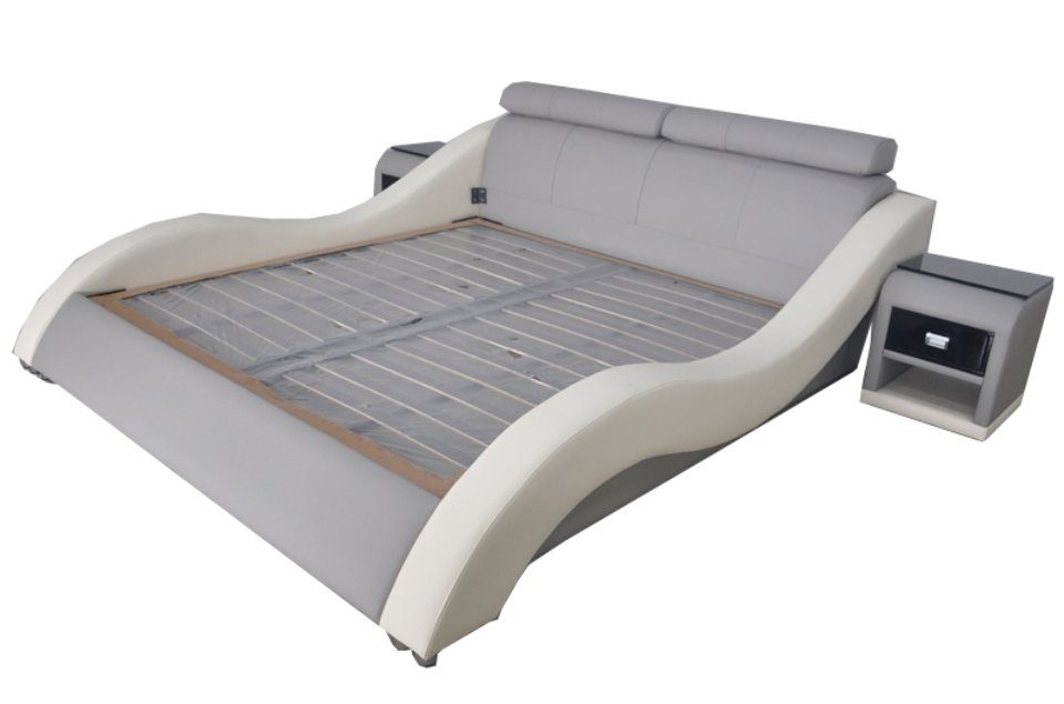 JVmoebel Bett Doppel Luxus Design Leder Bett Polster Betten Moderne Multifunktion Grau/Weiß