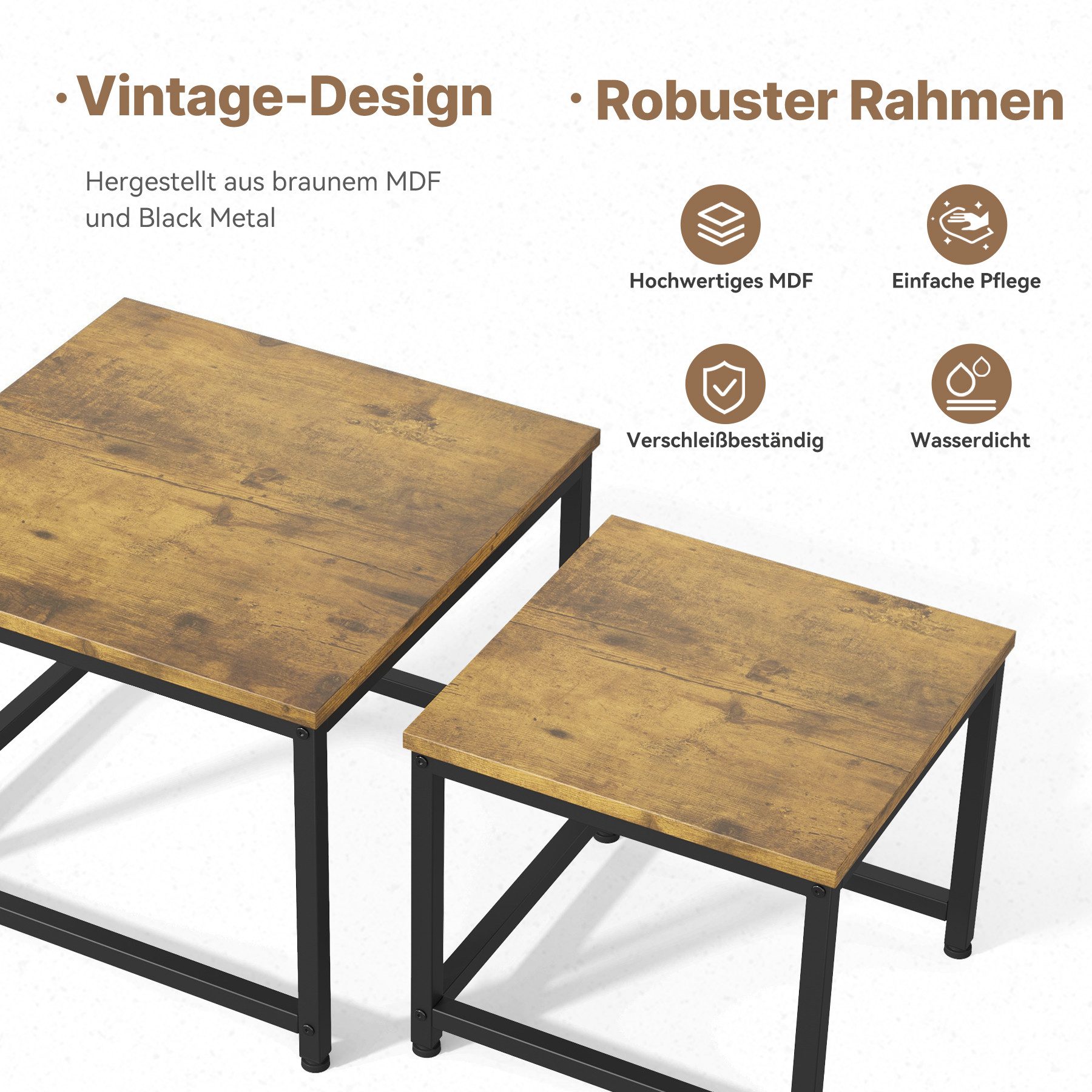 HawthyHome Couchtisch 2er-Set quadratischer Wohnzimmertisch aus Holz mit Metallgestell (2-St), moderner Beistelltisch für Wohnzimmer und Schlafzimmer, platzsparend