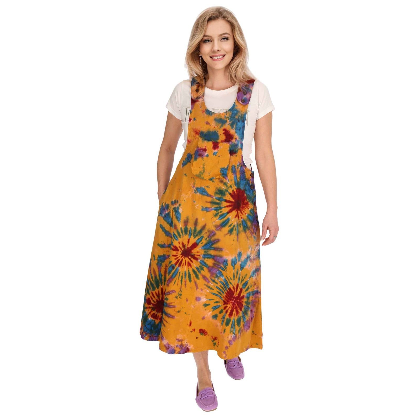 70er Overall Boho Hippie Orange Latzhose Latzkleid KUNST Sommerkleid bunt Dy MAGIE Tie Batik UND Ibiza