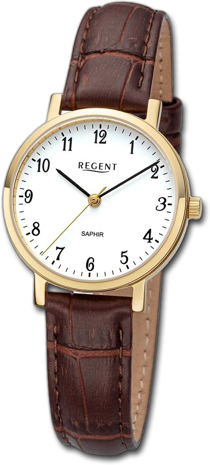 Armbanduhr extra Damen Quarzuhr Lederarmband Analog, 30mm) Regent Regent braun, rundes groß (ca. Gehäuse, Damenuhr