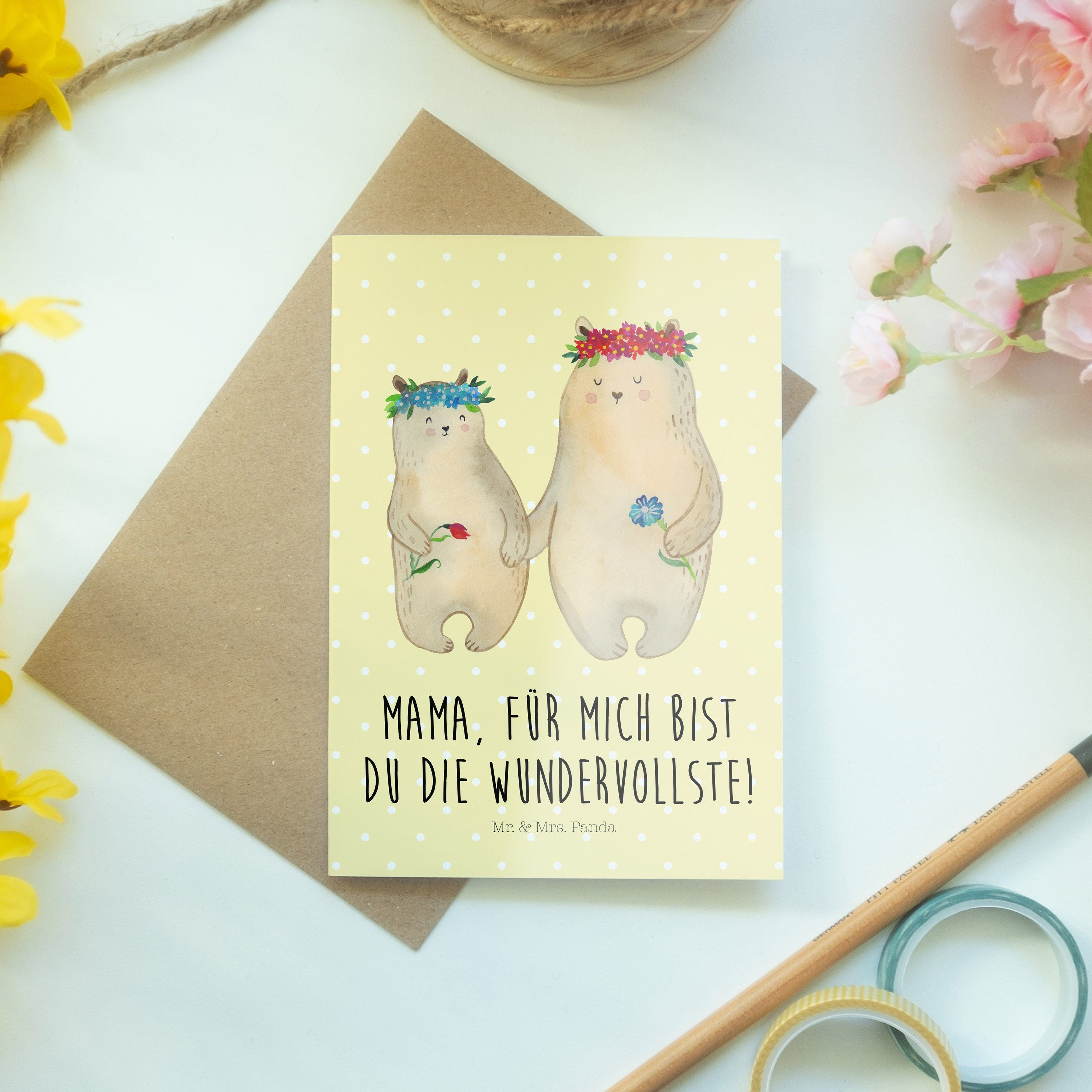 Geschenk, Gelb - mit - Bären Panda Blumenkranz Mrs. Mutti, & Karte, Einlad Mr. Grußkarte Pastell