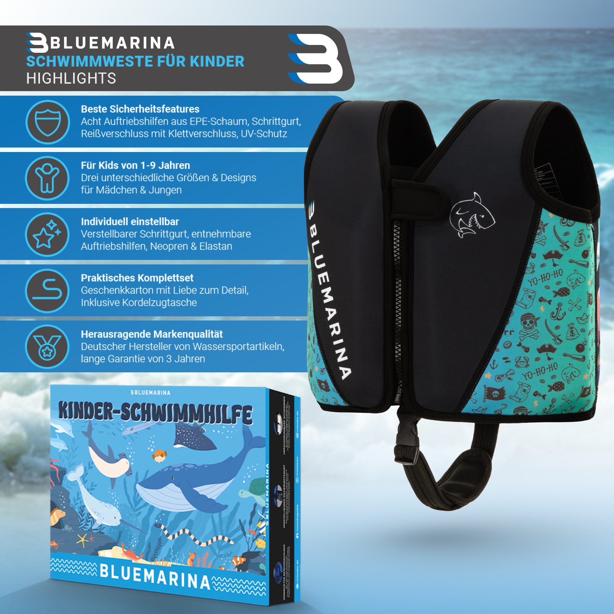 Bluemarina Schwimmweste für Kinder - Verschiedene Größen von Kleinkind bis Baby, Schwimmlernhilfe - Schwimmhilfe - Schwimmflügel - 1-9 J.