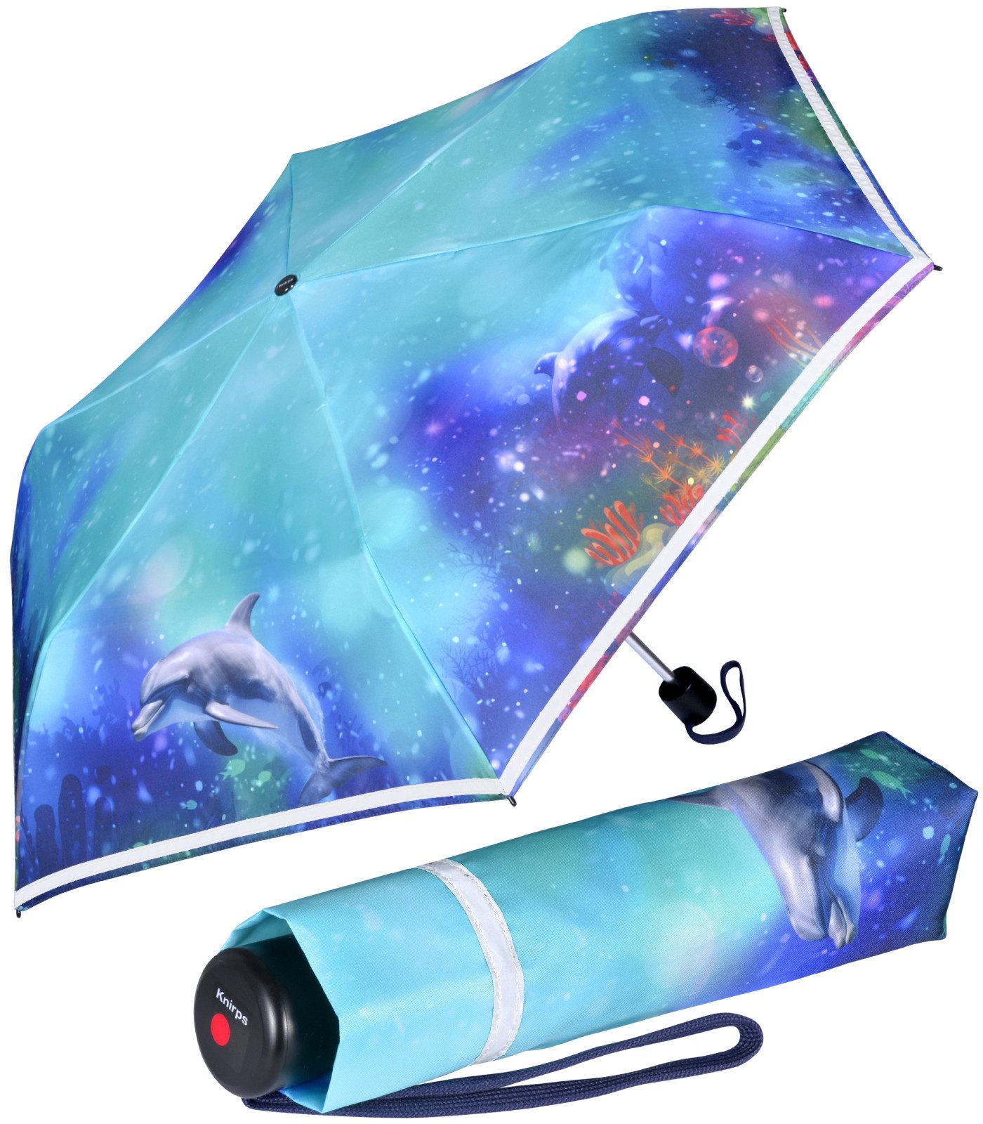 Knirps® Taschenregenschirm Kinderschirm 4Kids reflective mit Delfinen, für Sicherheit auf dem Schulweg