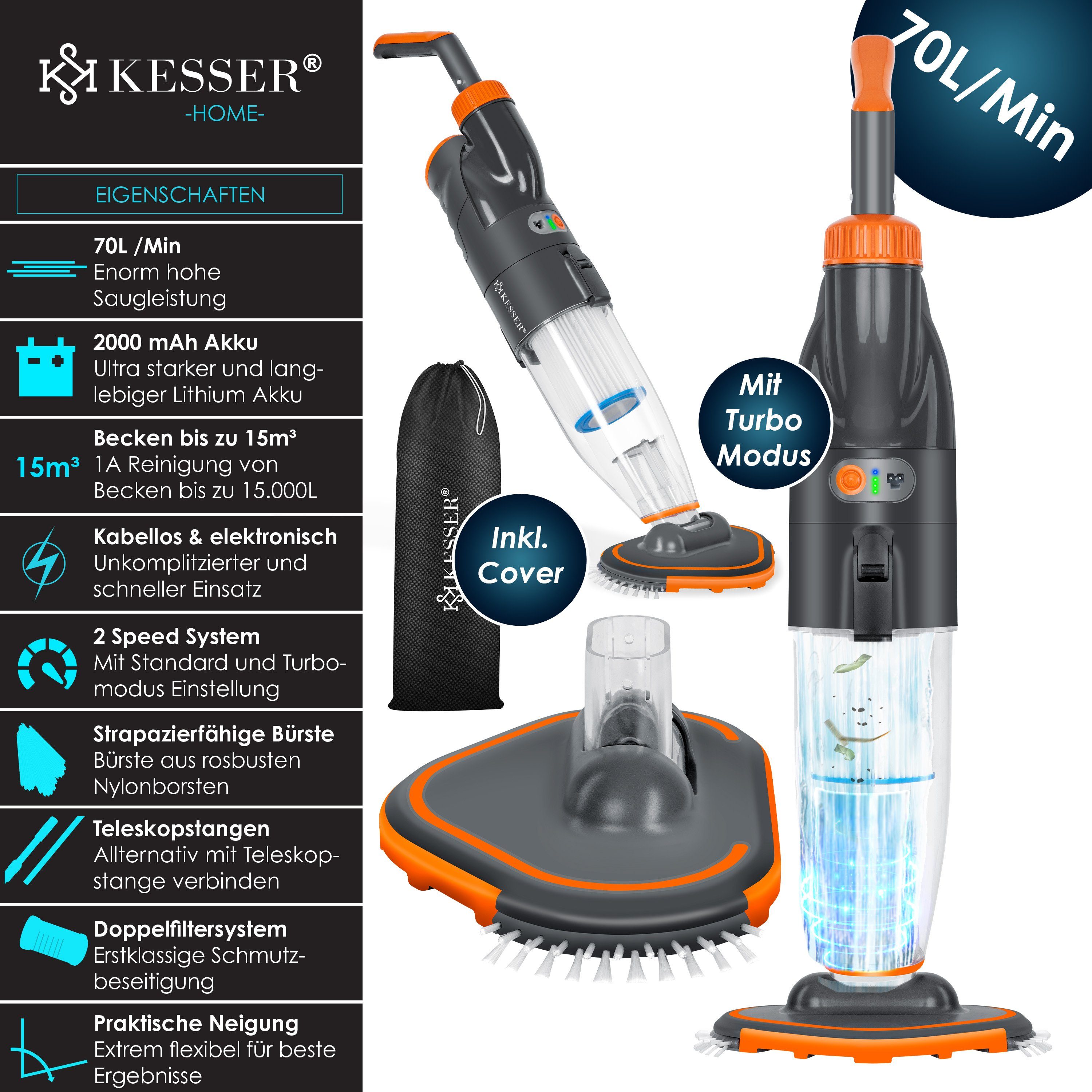 KESSER Poolbodensauger, Poolsauger mit Akku elektrisch Pool Bodensauger Handsauger