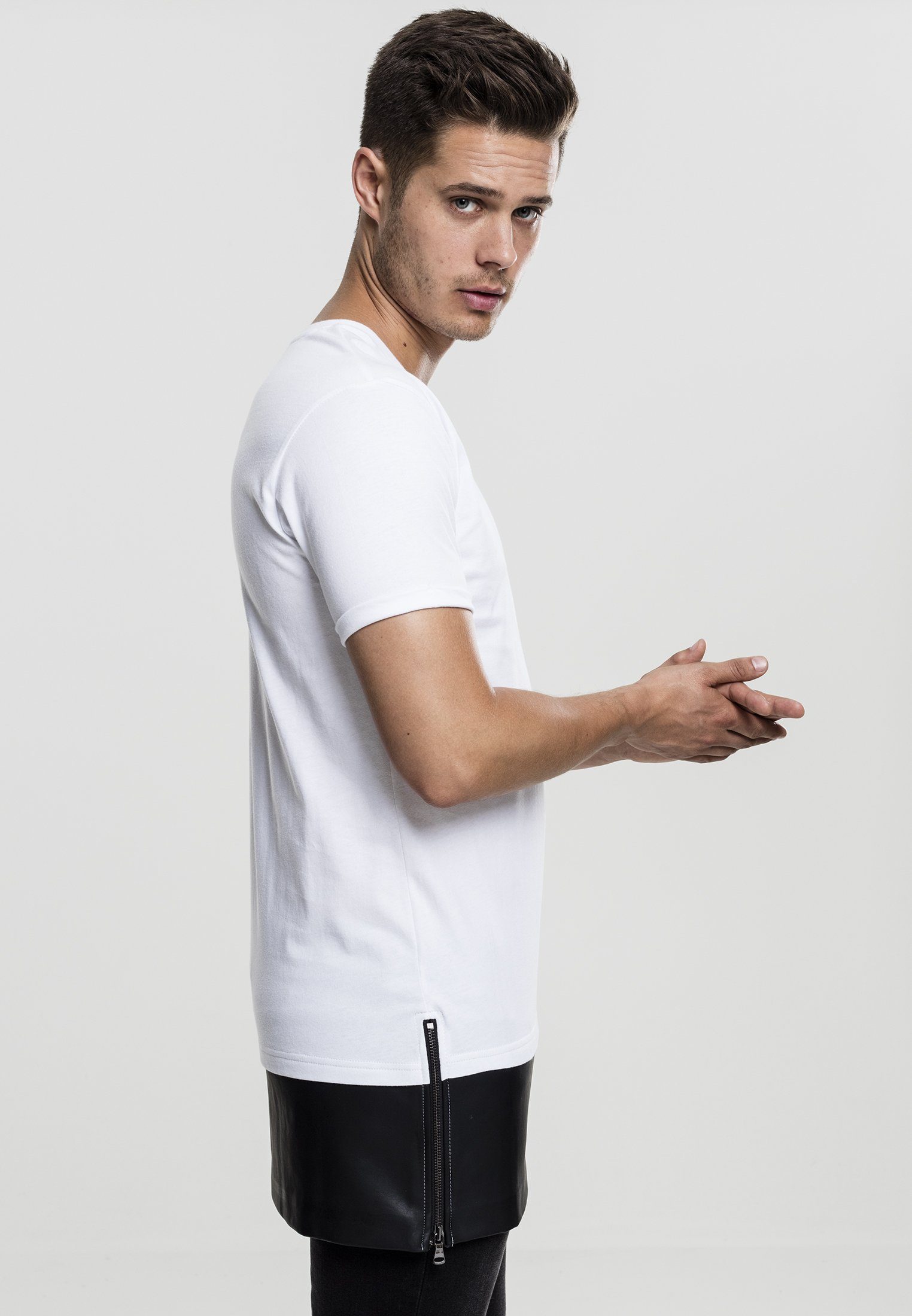 URBAN CLASSICS T-Shirt Herren Zipped (1-tlg) white/black Imitation Bottom Leather Long Tee