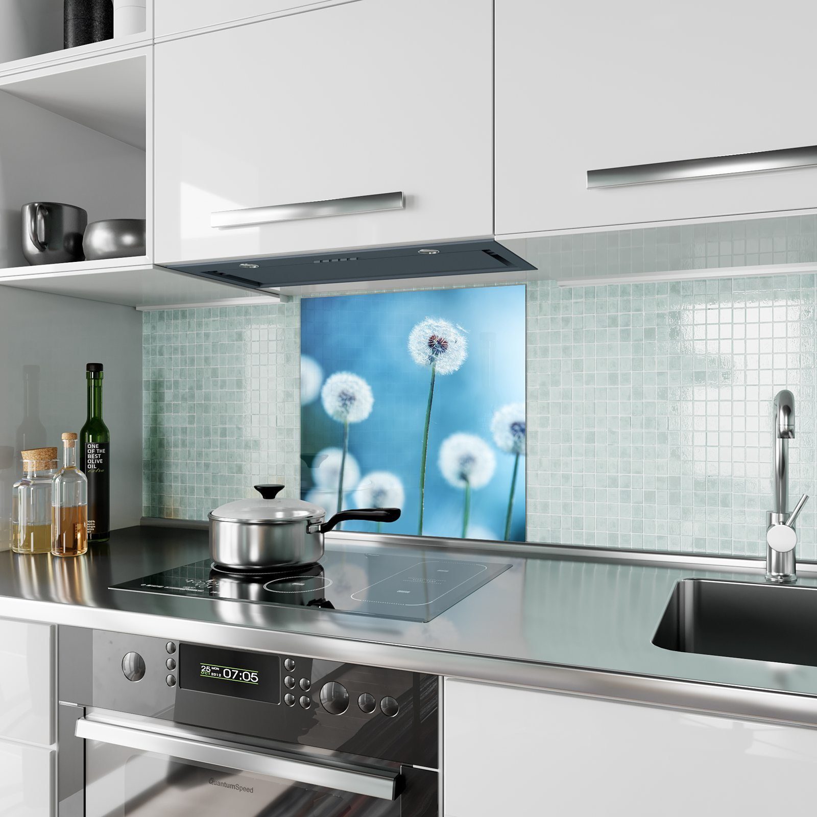 Primedeco Spritzschutz Motiv Küchenrückwand Glas Blüten Löwenzahn mit Küchenrückwand