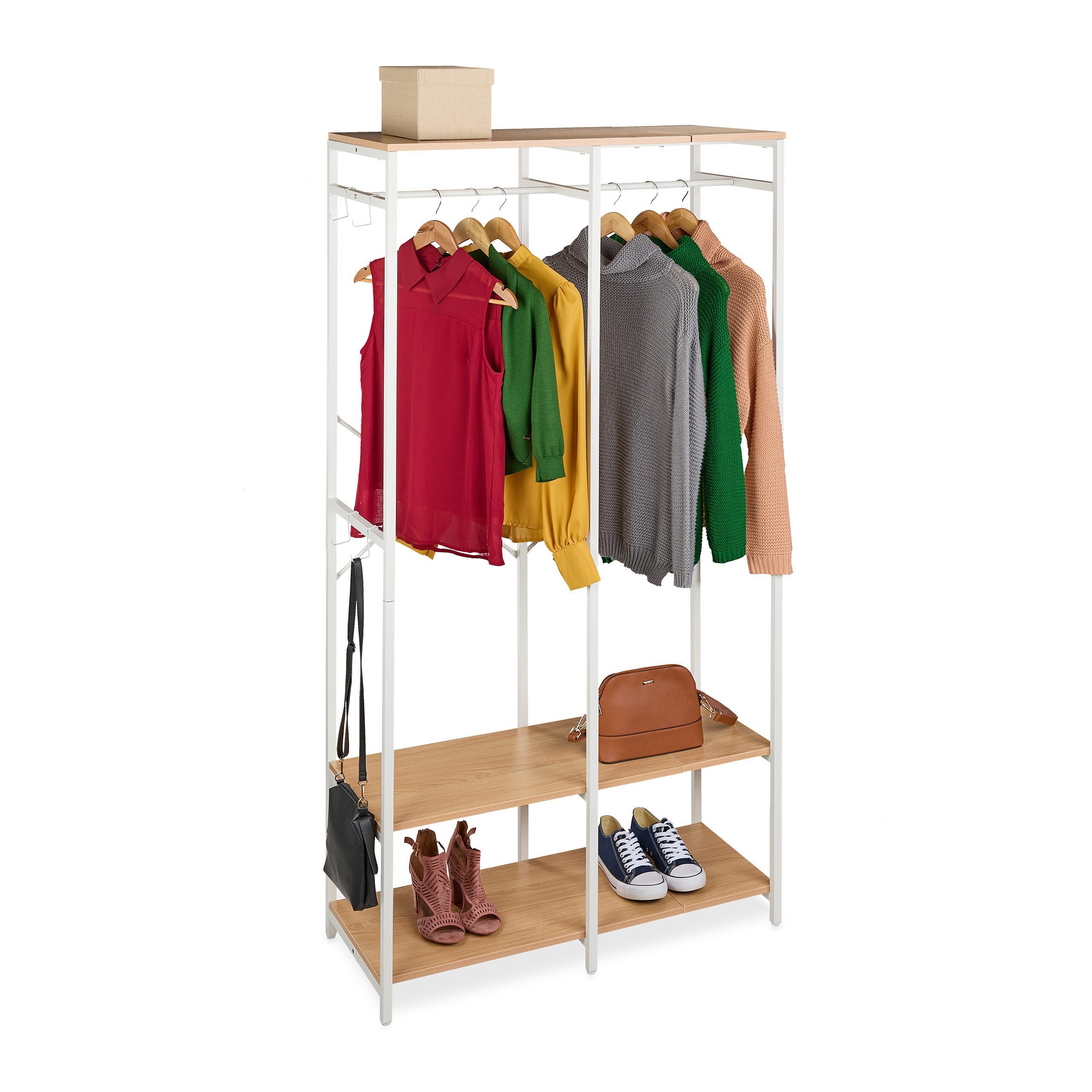 relaxdays Kleiderständer Garderobe offen Kleiderstangen & Ablagen, (5 St), Weiß-Hellbraun, L