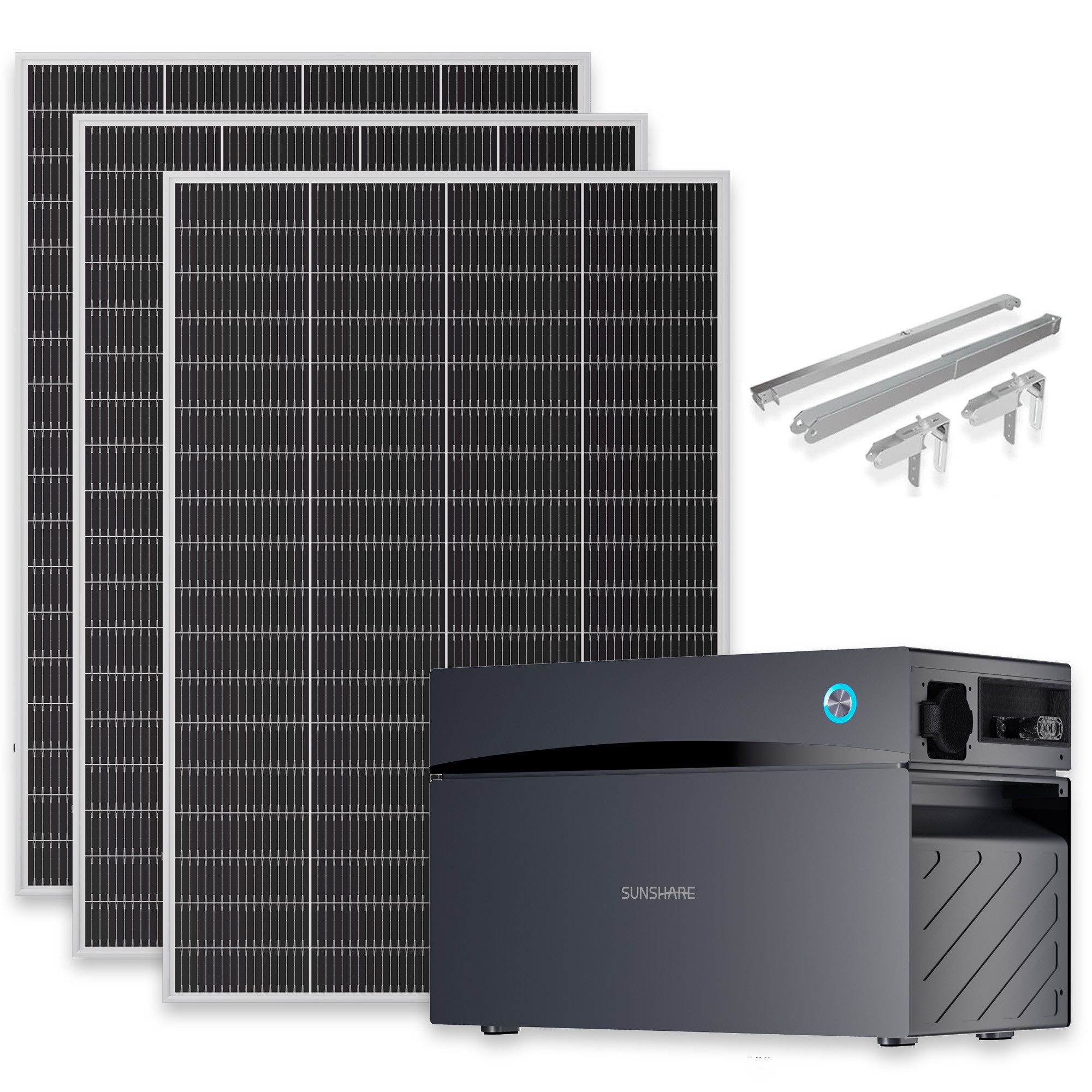 Sunshare Balkonkraftwerk Ray Lite Balkonkraftwerk Set 600 W (3x200W) + 1,5 kWh Stromspeicher, 600 W, Monokristalline N-Typ TOPCon, (Balkonkraftwerk-Set, 1-St., 3 Ray Lite Solarmodule, 3 Universalhalterungen und 1 Glory Speicher), App-Steuerung, Smart-BMS, IP65-Schutz und wetterfestes Design