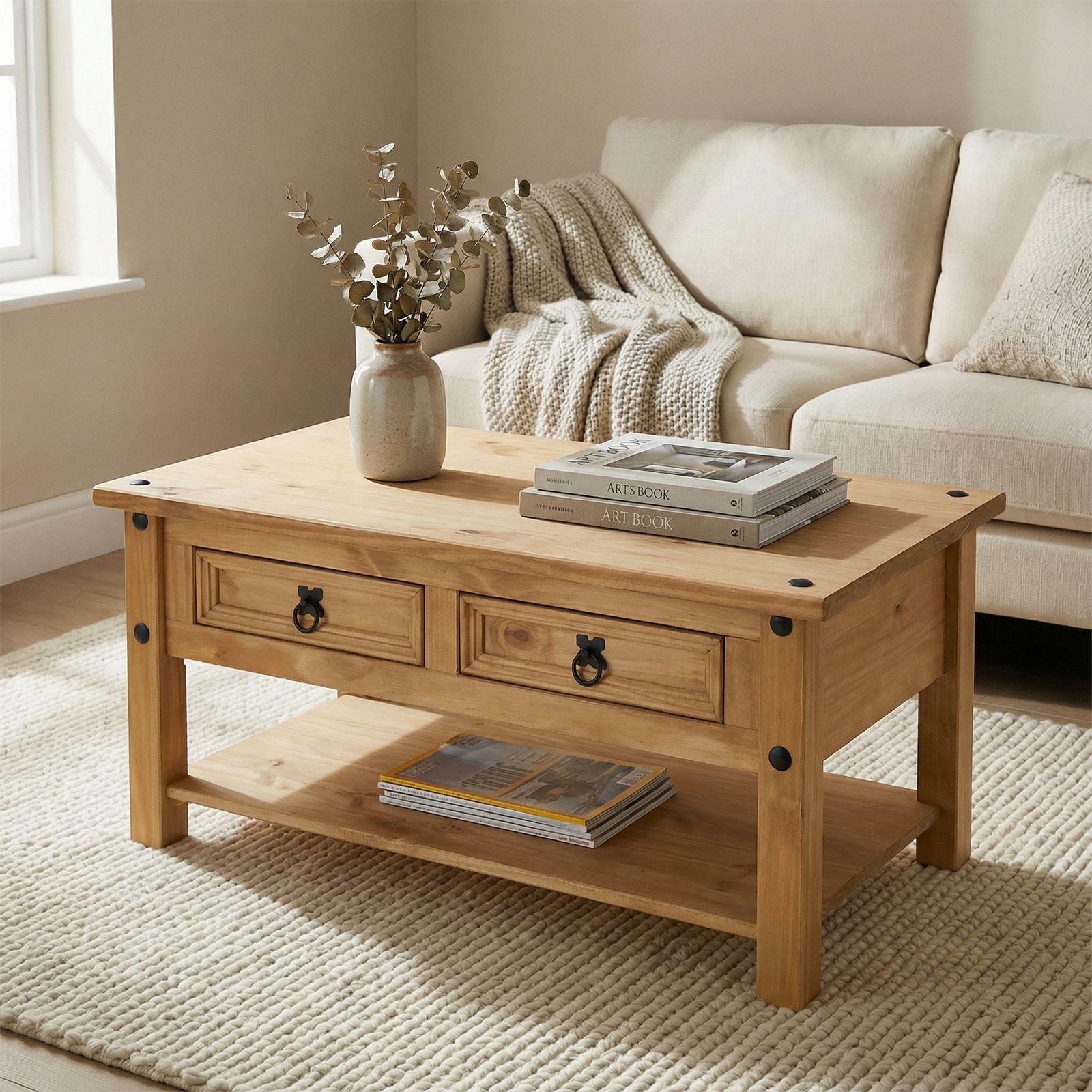 CARO-Möbel Couchtisch SALSA, Wohnzimmertisch 100x60cm, Sofatisch mit Stauraum Landhausstil natur