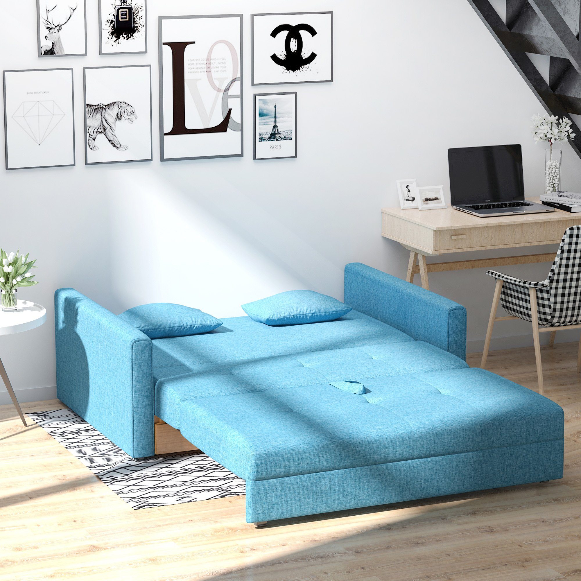 mit Schlafcouch, Zweistizer Sofa HOMCOM 2-Sitzer Bettfunktion, Sofa Polycotton, Holz Wohnzimmer, für Teile, mit 1 Schlafsofa Stauraum,