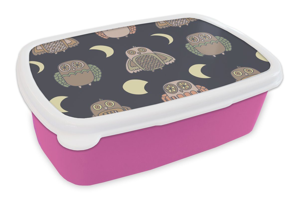 MuchoWow Lunchbox Eule - Muster - Mond, Kunststoff, (2-tlg), Brotbox für Erwachsene, Brotdose Kinder, Snackbox, Mädchen, Kunststoff rosa