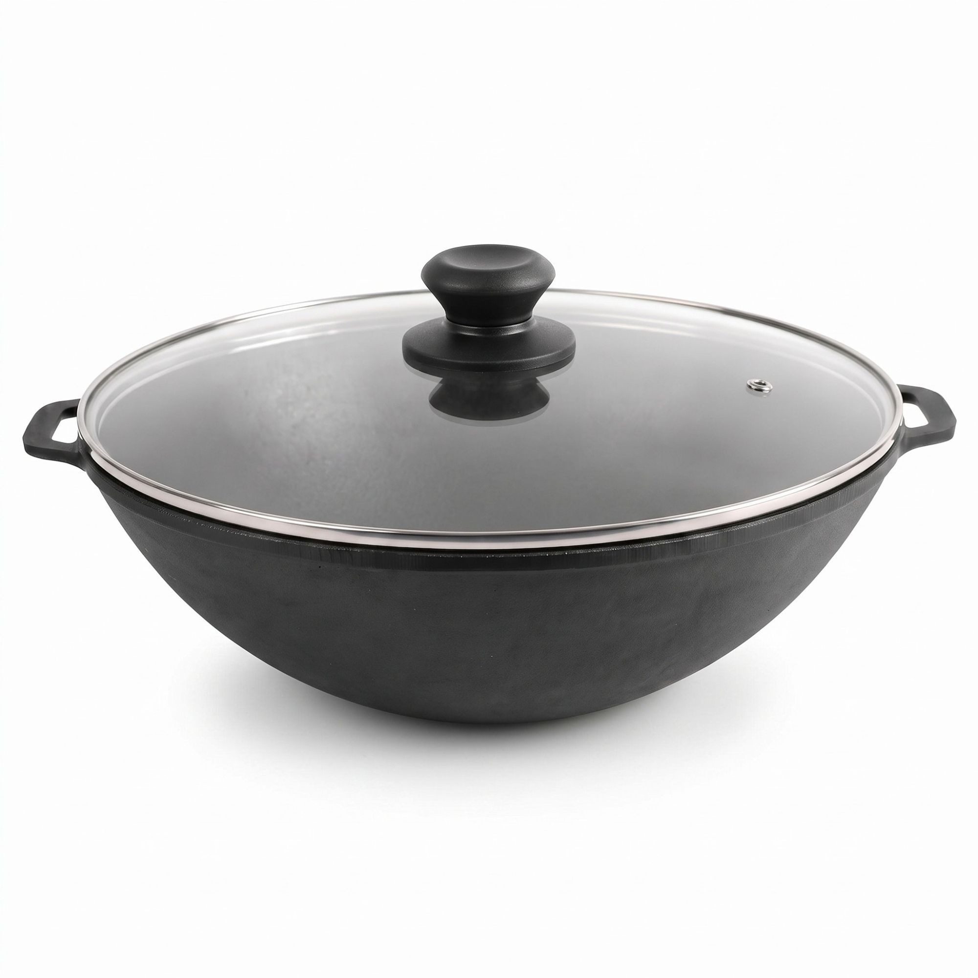 4BIG.fun Wok Gusseisen Kessel 36 cm Glasdeckel Kazan 8 L flacher Boden Induktion, Gusseisen (Gusseisentopf Kochkessel Gusstopf, Bratentopf Eisentopf Woktopf Deckel), Wokpfanne Asiapfanne Kasan