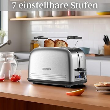 STEINBORG Toaster SB-2071, 2 kurze Schlitze, für 2 Scheiben, 850 W, Edelstahl Gehäuse,Brötchenaufsatz,Krümelschublade