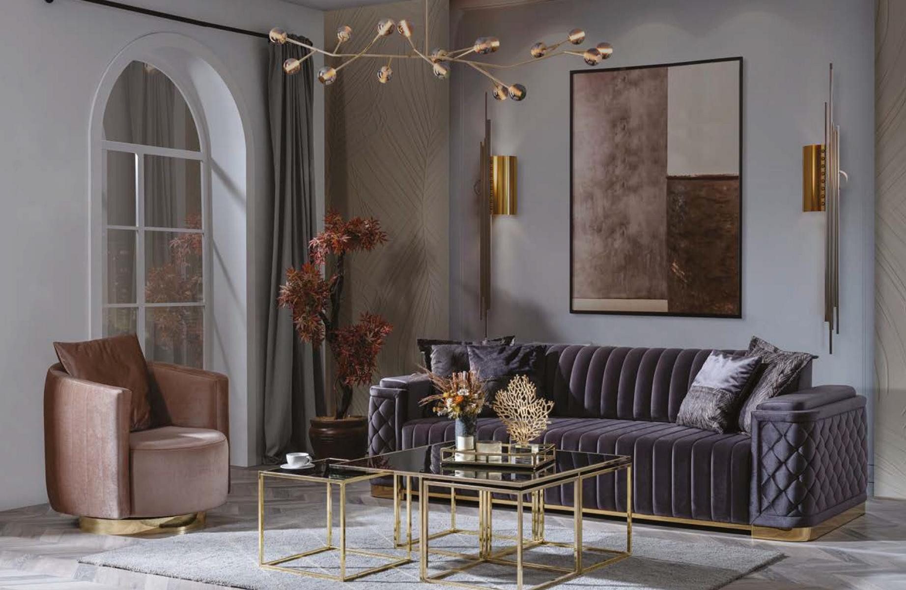 Xlmoebel Polstergarnitur 3-teiliges Chesterfield-Sofa-Set in Samtstoff, (3-tlg., 2x 3-Sitzer Sofa / Sessel), Hergestellt in Europa