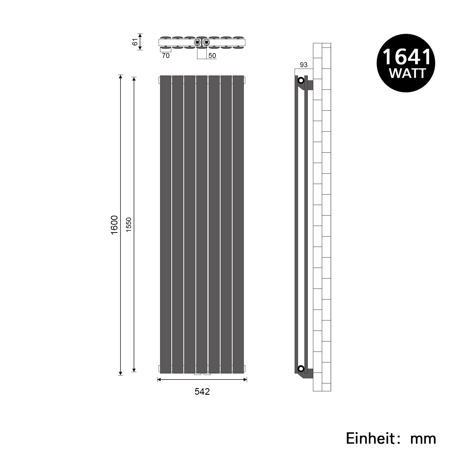 SONNI Designheizkörper Design Heizkörper Flach Anthrazit Doppellagig 1600x542mm Vertikal, Paneelheizkörper, Heizungsbereich 19~27m², Mittelanschuss