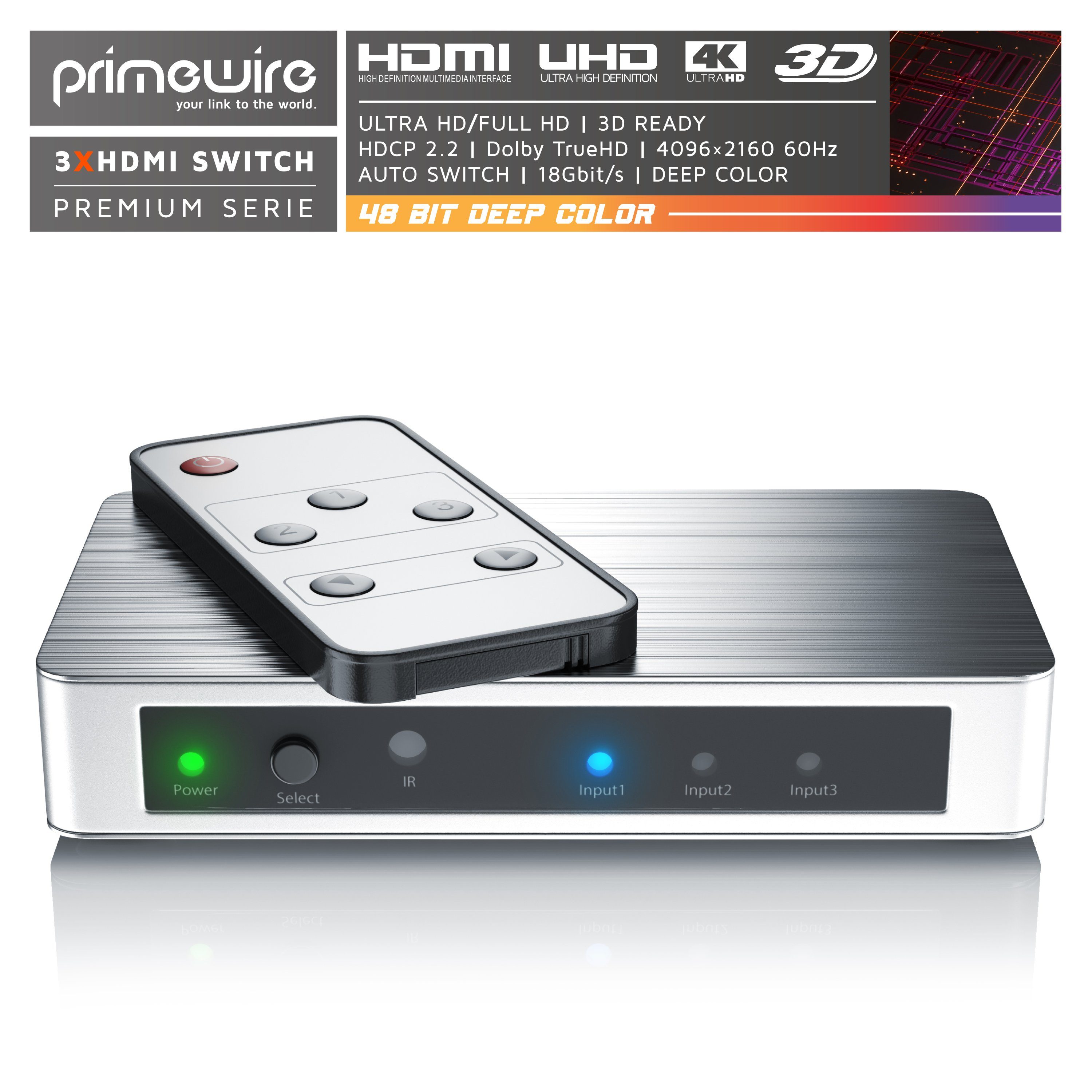 Primewire Audio / Video Matrix-Switch 3-Port 4k UHD HDMI Switch, Verteiler mit Fernbedienung & Netzteil, 3 Zuspieler an einem TV-Anschluss, für Konsole und Play – Bild 3 von 5