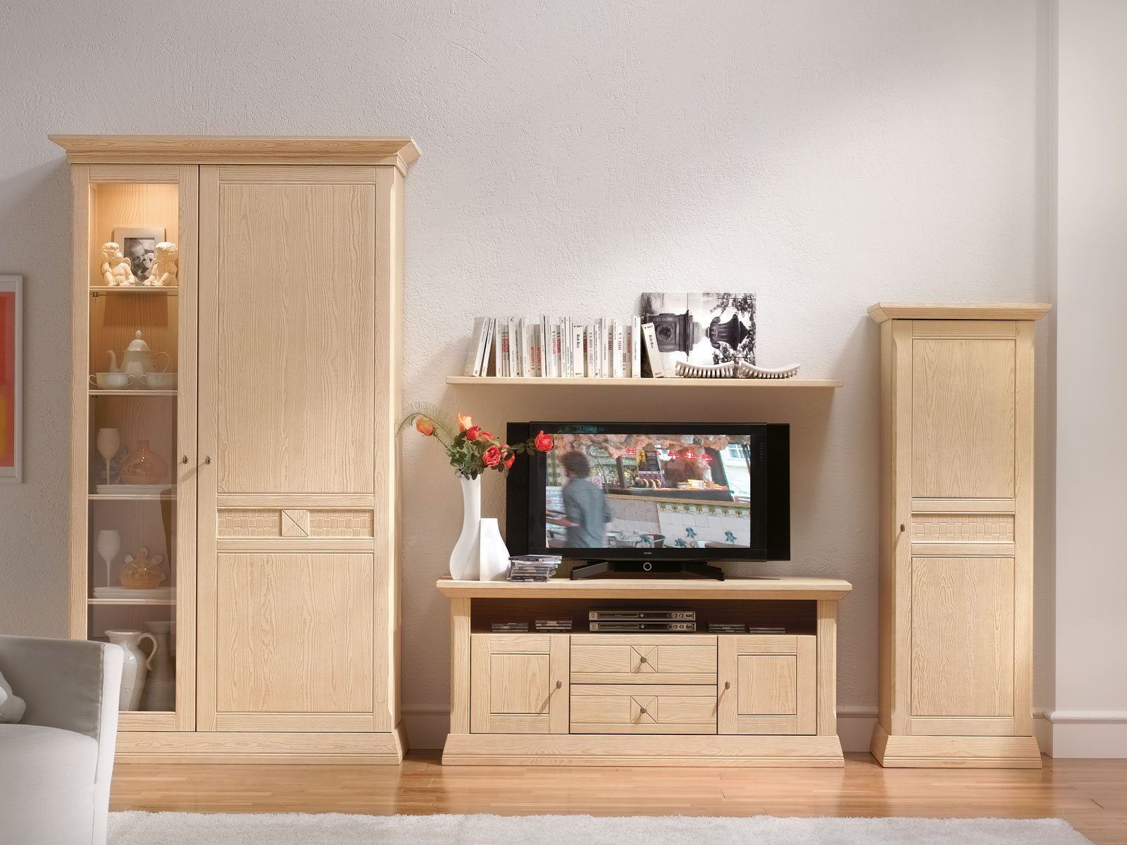 H Vienna Wohnzimmer Casamia Set gebürstet x 340 4-teilig Schrank weiß B Pinie cm, Schranksystem 210 Wohnwand Pini