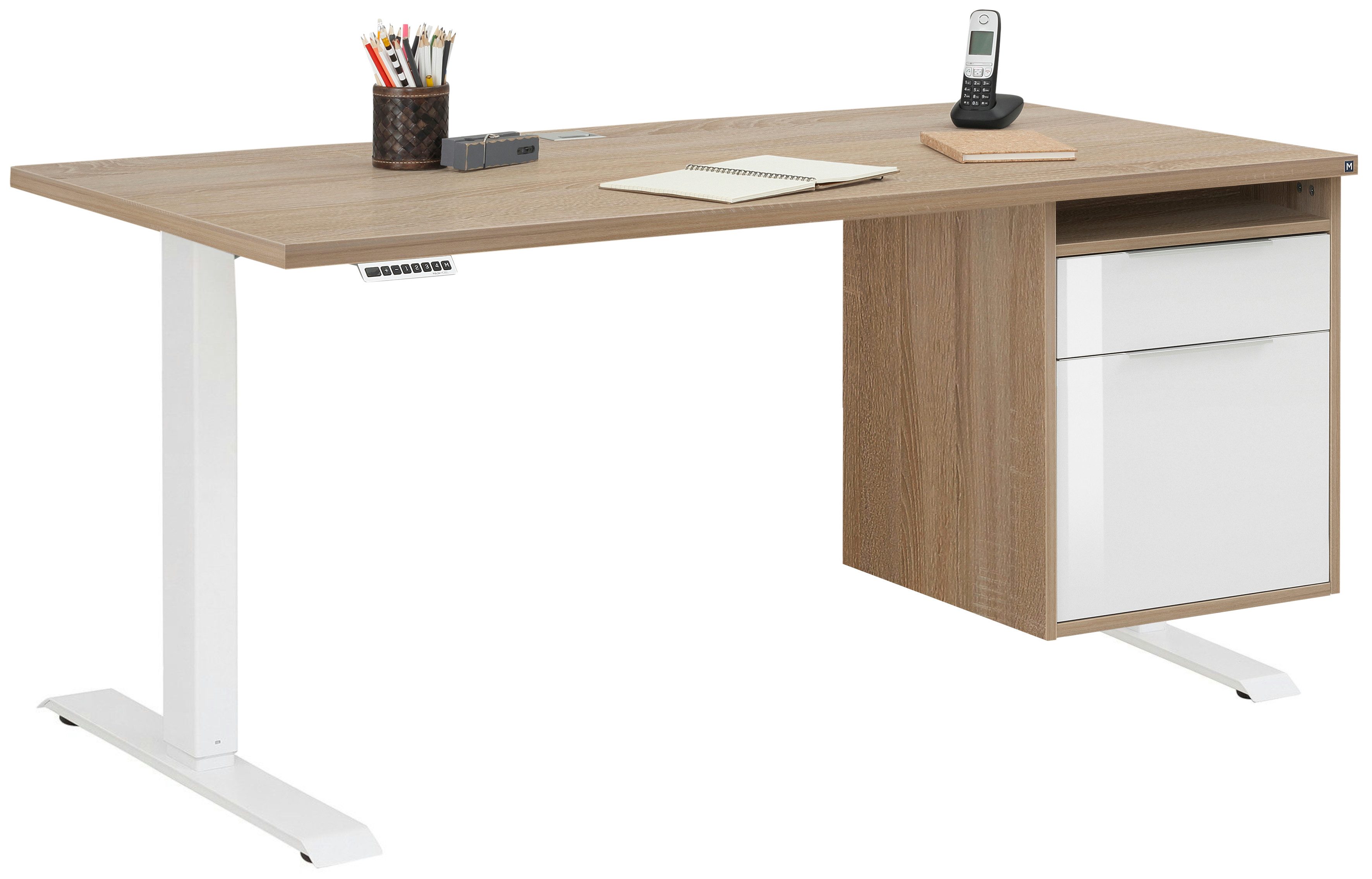 Maja Möbel Schreibtisch Schreibtisch mit Hängecontainer Weiß und Eiche Sonoma (Spar-Set, 1-St., 1 Tisch mit Container), mitfahrbarer Hängecontainer, höhenverstellbar, 2 Motoren
