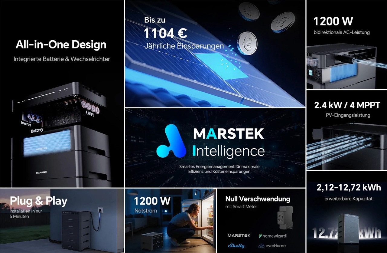 Marstek Balkonkraftwerk Marstek Venus A All-in-One Balkonkraftwerkspeicher 2,12 kWh 0% MwSt., (Packung, 1-St., Beinhaltet 1 Stück), AI-gestütztes Energiemanagement mit MARSTEK Intelligence