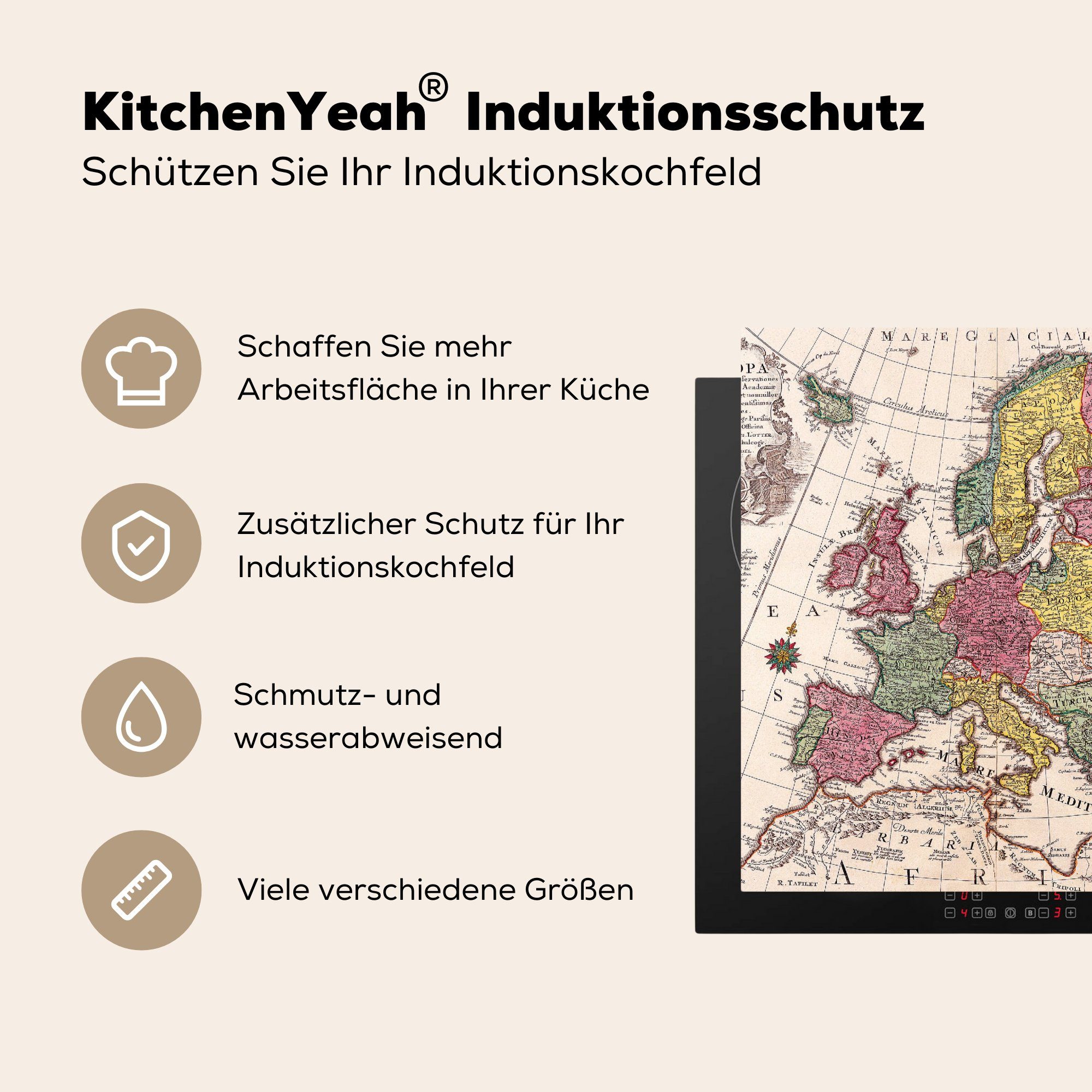 MuchoWow Herdblende-/Abdeckplatte Vinyl, - 78x78 Vintage, Karte Kontinent - - Europa Arbeitsplatte für cm, tlg), küche (1 Ceranfeldabdeckung