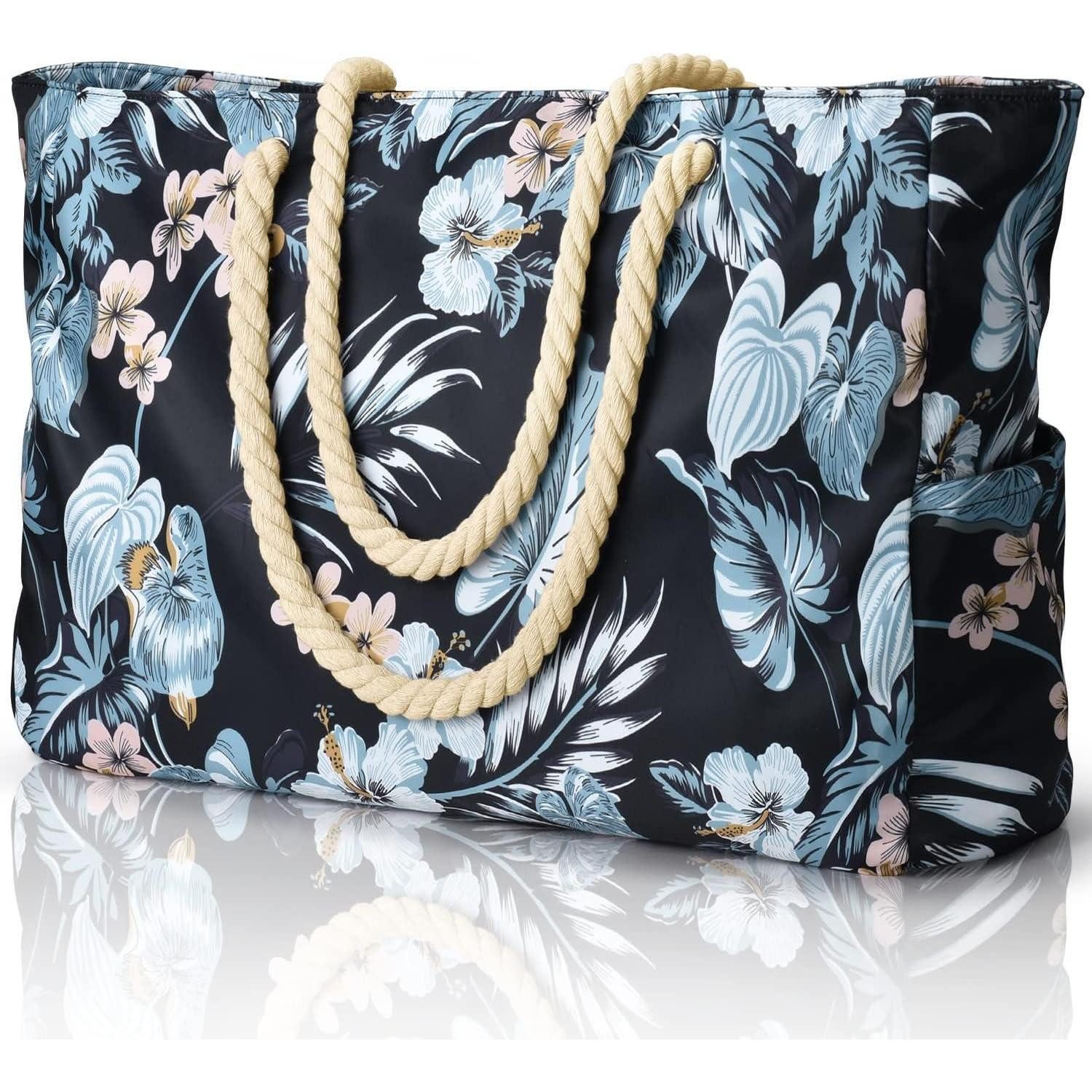 LuxusKollektion Einkaufsshopper Strandtasche XXL Wasserdicht Schwarz Blume Schwimmbad Einkaufstasche