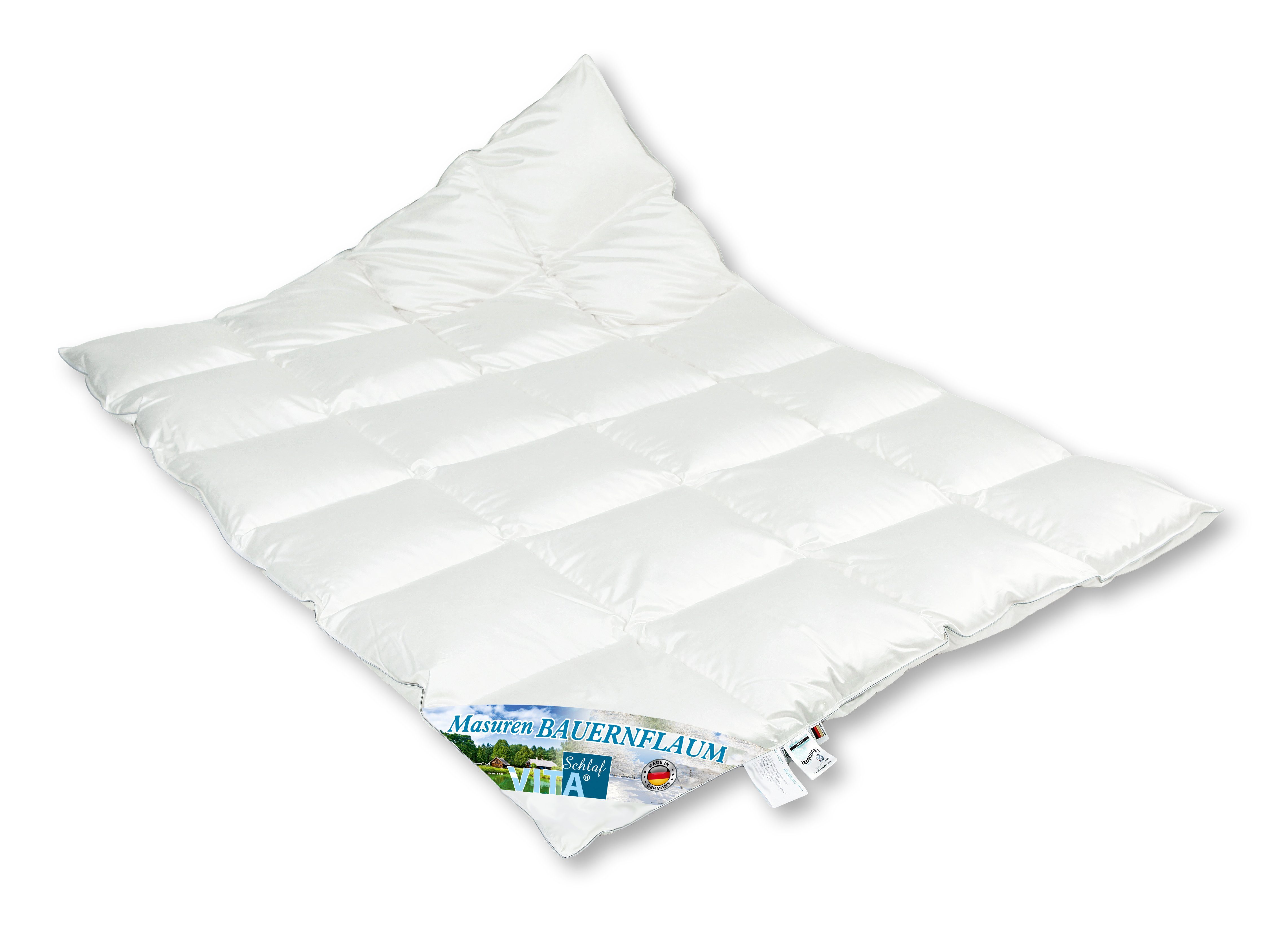 Vitaschlaf Gänsedaunenbettdecke Vitaschlaf® MASUREN BAUERNFLAUM Bettdecken Sommer Winter Ganzjahr, Füllung: weisse neue masurische Gänsedaunen, 100% Daunen, alle Wärmestufen, allergikerfreundlich, Bezug: 100% Baumwolle feinster Maco Batist, Bettdecke 135x200 cm, 155x220 cm und weitere Größen, Made in Germany