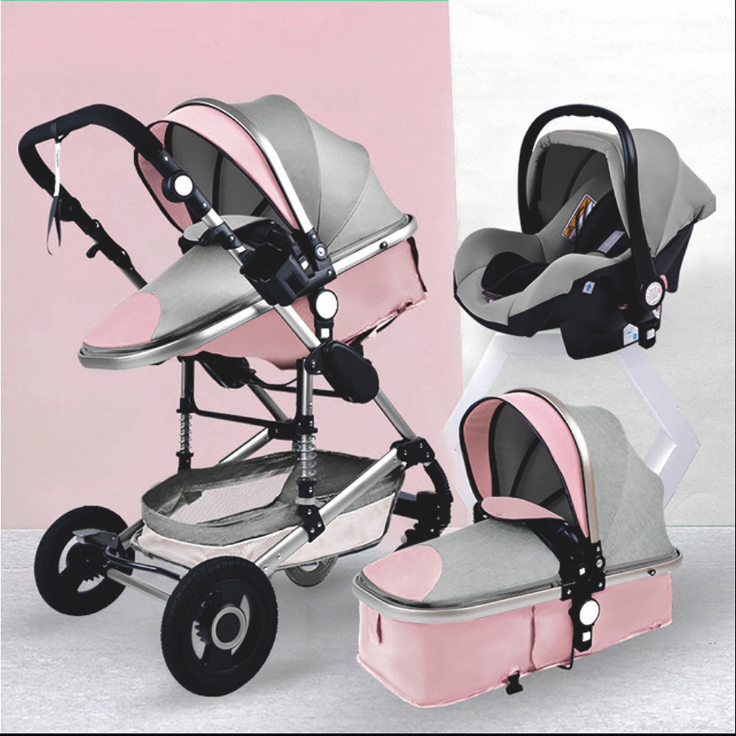 TPFFamily Kombi-Kinderwagen Babyschale Baby Buggy Babywanne 5-Punkt-Sicherheitsgurt Moskitonetz, Getränkehalter Коляски 3 in 1 inkl. großem Zubehörset Rosa-Grau