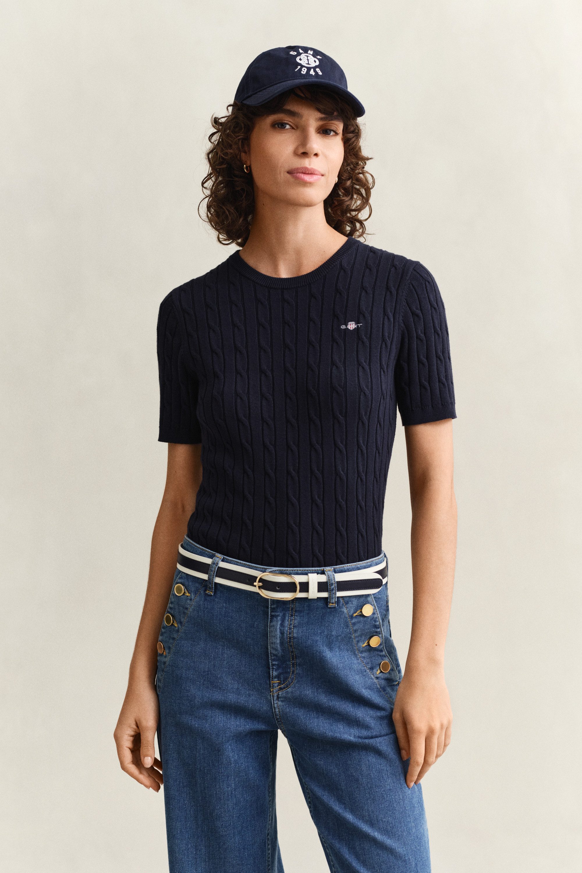 Gant Kurzarmpullover STRETCH COTTON CABLE Slim fit mit Rundhalsausschnitt