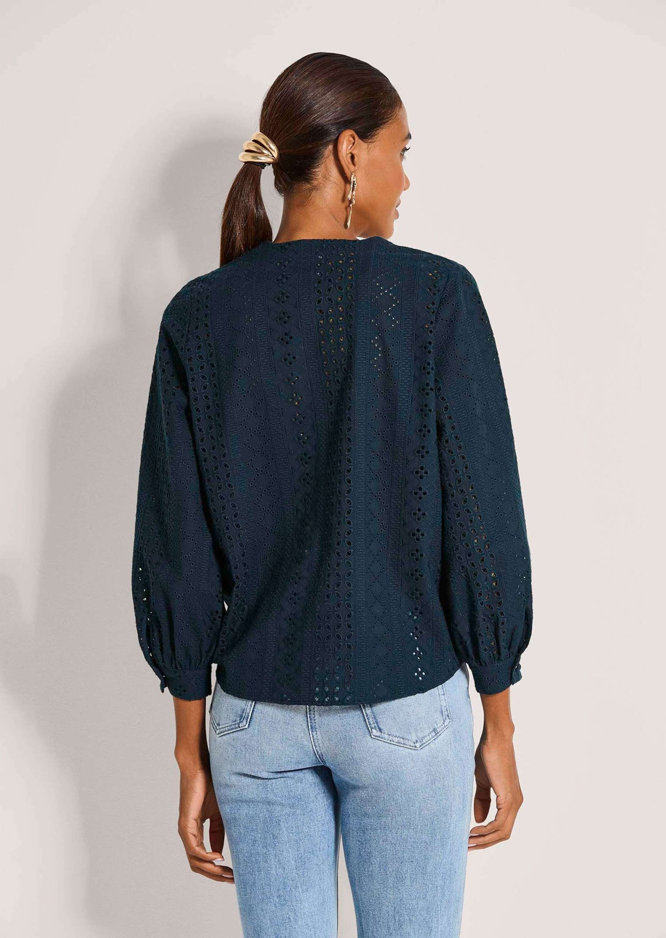 MADELEINE Langarmbluse Baumwollbluse zum Knoten Blusenshirt mit V-Ausschnitt, Knopfleiste und 3/4-Arm